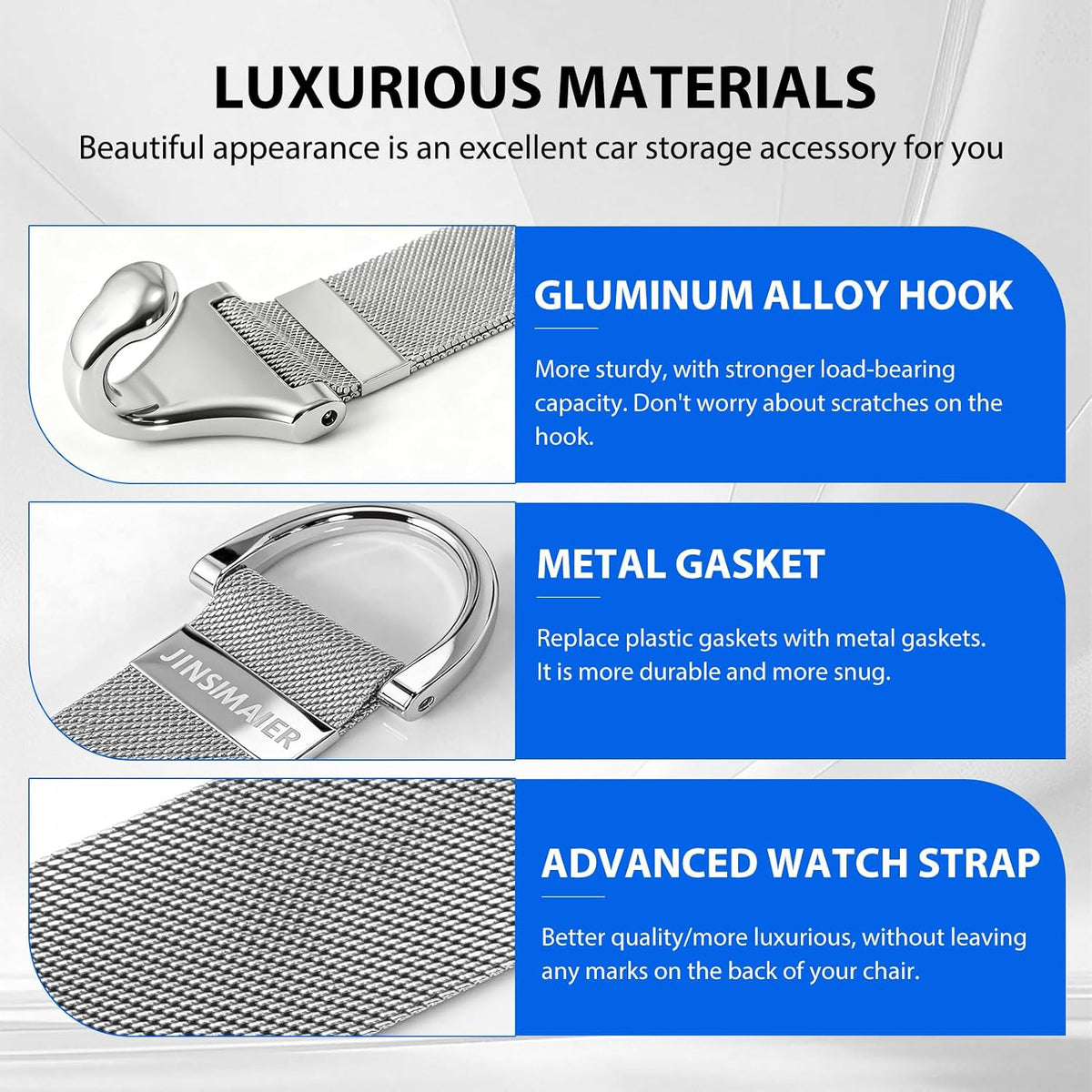 Car Seat Headrest Hooks and Purse Hook for Car 2 Pack Silver – Alloy Braided Chain Storage Hook for Purse, Handbag, Grocery Bags – Interior Organizing Car Accessories