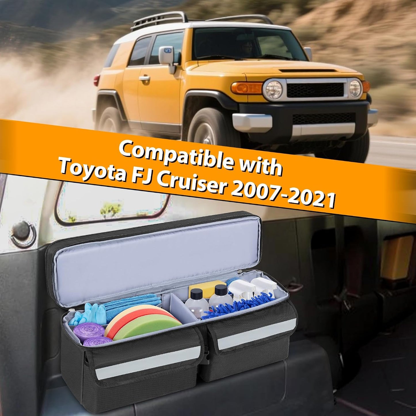 GRAOSO Car Trunk Organizer Compatible With Toyota FJ Cruiser 2007-2021, Multifunctional Car Storage Box with Lid, Double Layer Bag with 3 Wide Hook & Loop Tapes, Both Side with Straps to Fix, Black