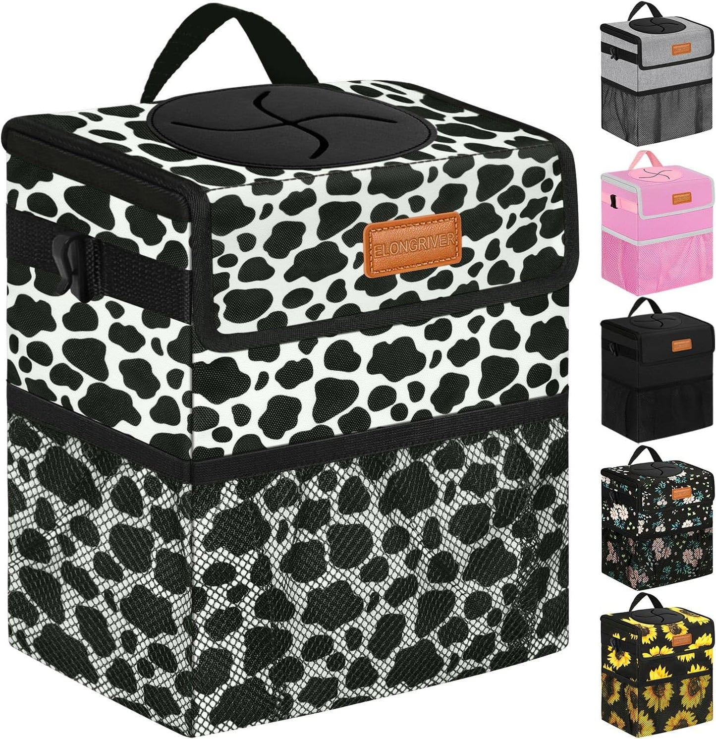 ELONGRIVER Car Trash Can Bin for Back Seat Leak Proof, Cute Car Trash Bag Hanging, Vehicle Trash Can for SUV Truck Van, Automotive Garbage Cans Front Seat Cow Print
