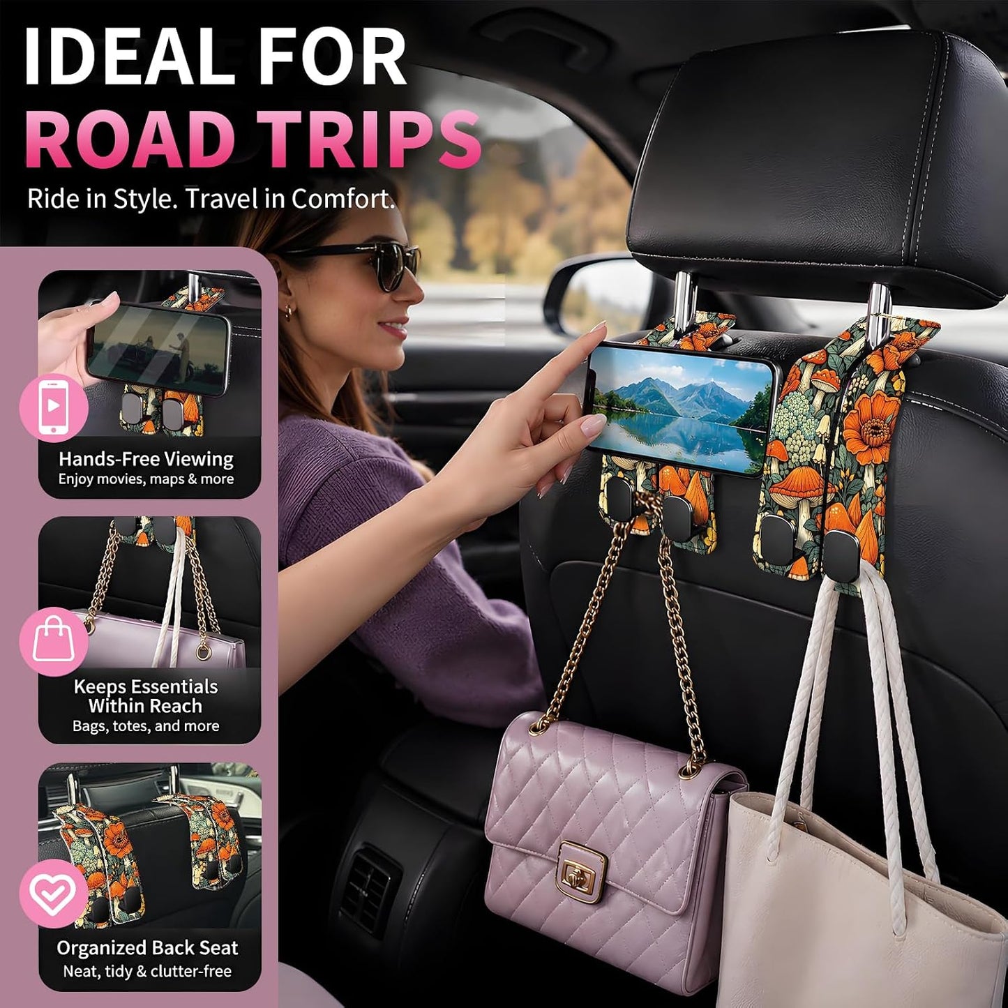 Car Seat Back Storage Hook, Funny Car Purse Hook, Cute Vehicle Storage Organizer for Purses Handbags Orange Flower Mushroom