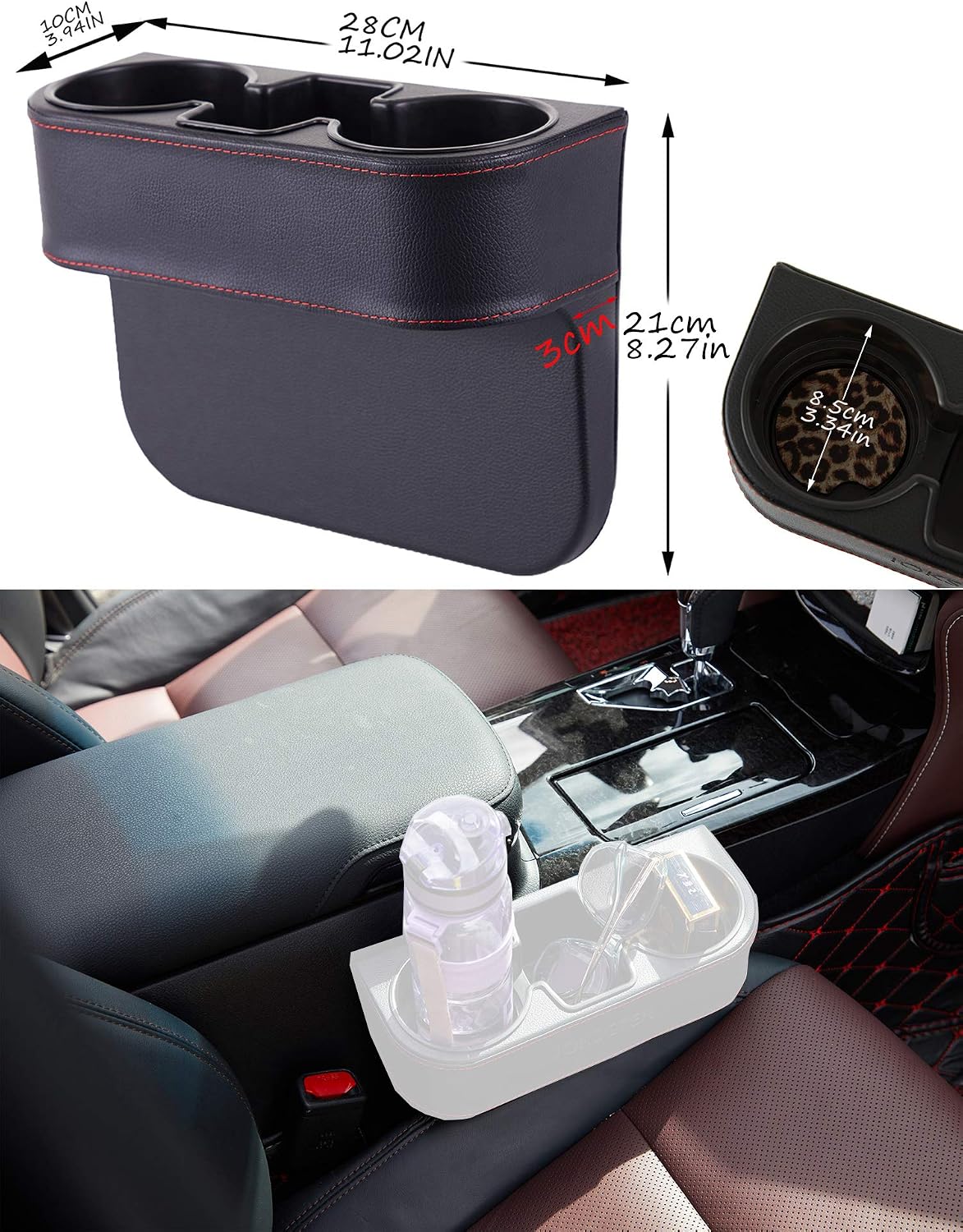 Cup Holder for Car, Car Seat Gap Organizer, PU Leather, XBD Black