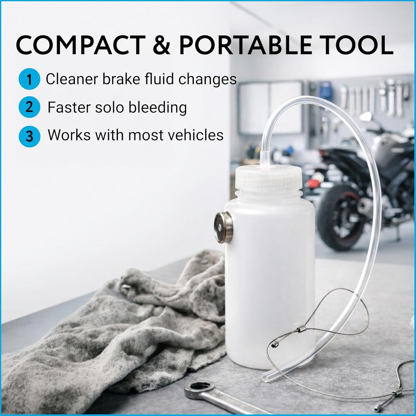 Mission Automotive Brake Bleeder Kit - 16 Oz, White - Brake Fluid Bleed Kit & Magnetic Bleeder Bottle with Lanyard