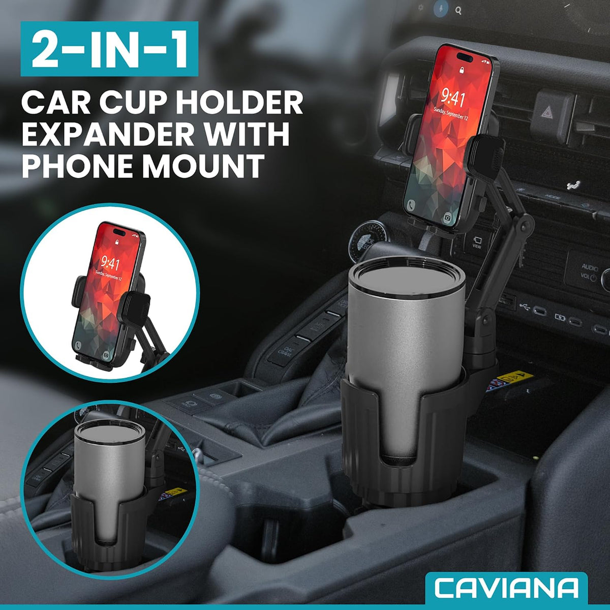 Phone Holder & Phone Mount for Car & Cup Holder Expander – 2-in-1 for Smartphones, Bottles, Tumblers & Coffee Mugs – Strong Clamp, Anti-Shake, 360° Rotation