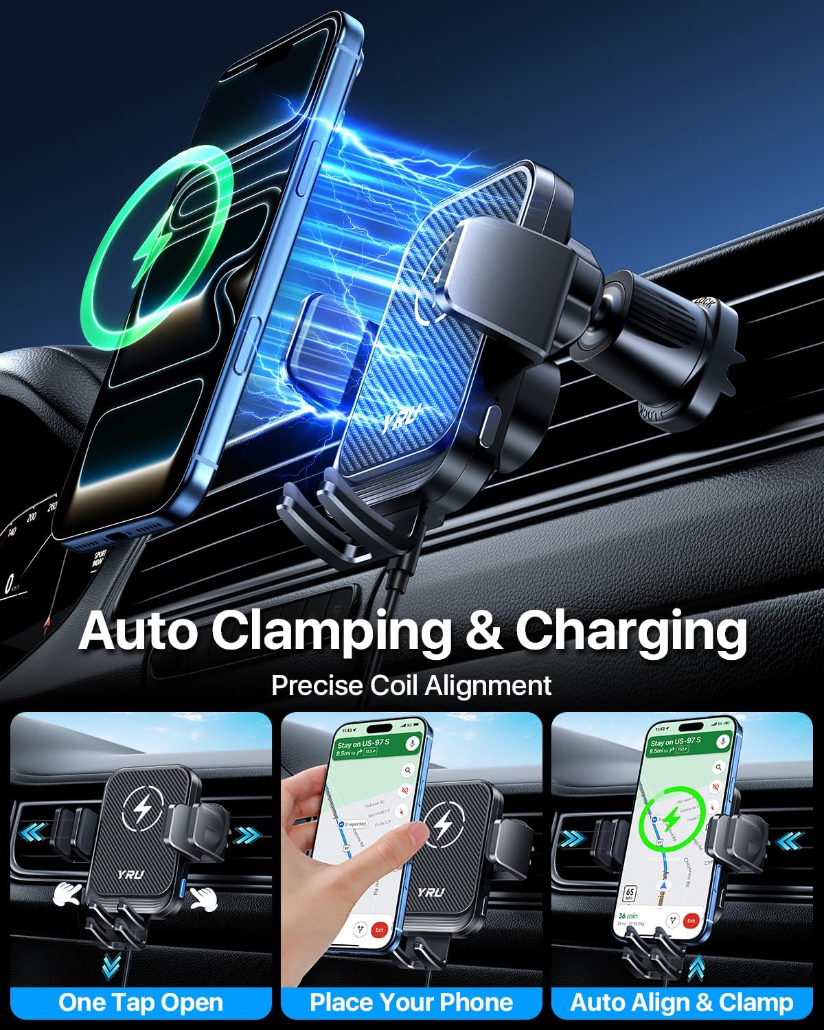 YRU 【Auto-Clamping & 90+LBS Strong Suction 15W Wireless Car Charger Mount