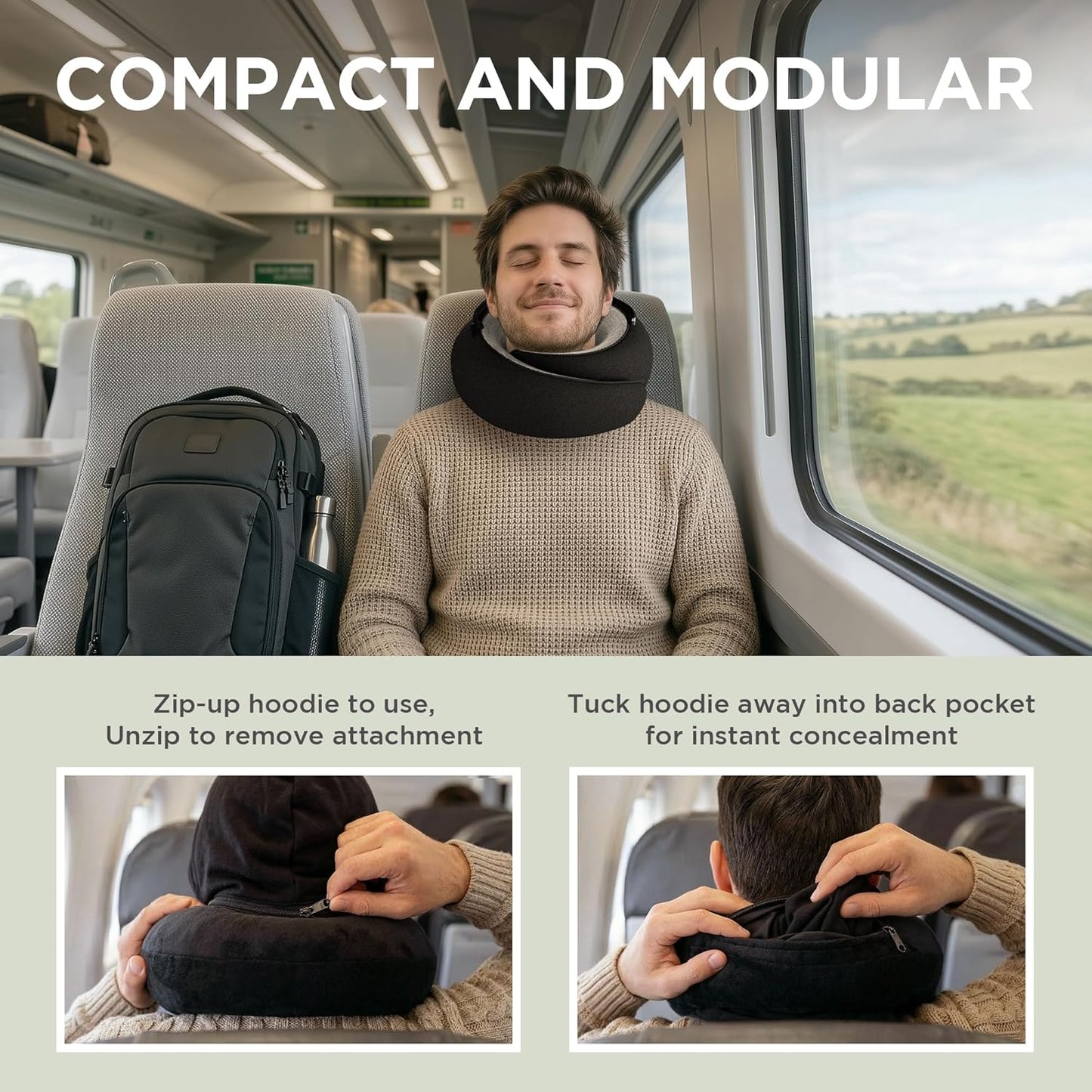 Dot&Dot Travel Pillow Neck Pillow with Hood for Airplane Sleeping, Memory Foam Pillow with Chin Support, Detachable Hoodie, Washable Cover, Adjustable Velcro Fit for Flights, Car & Office