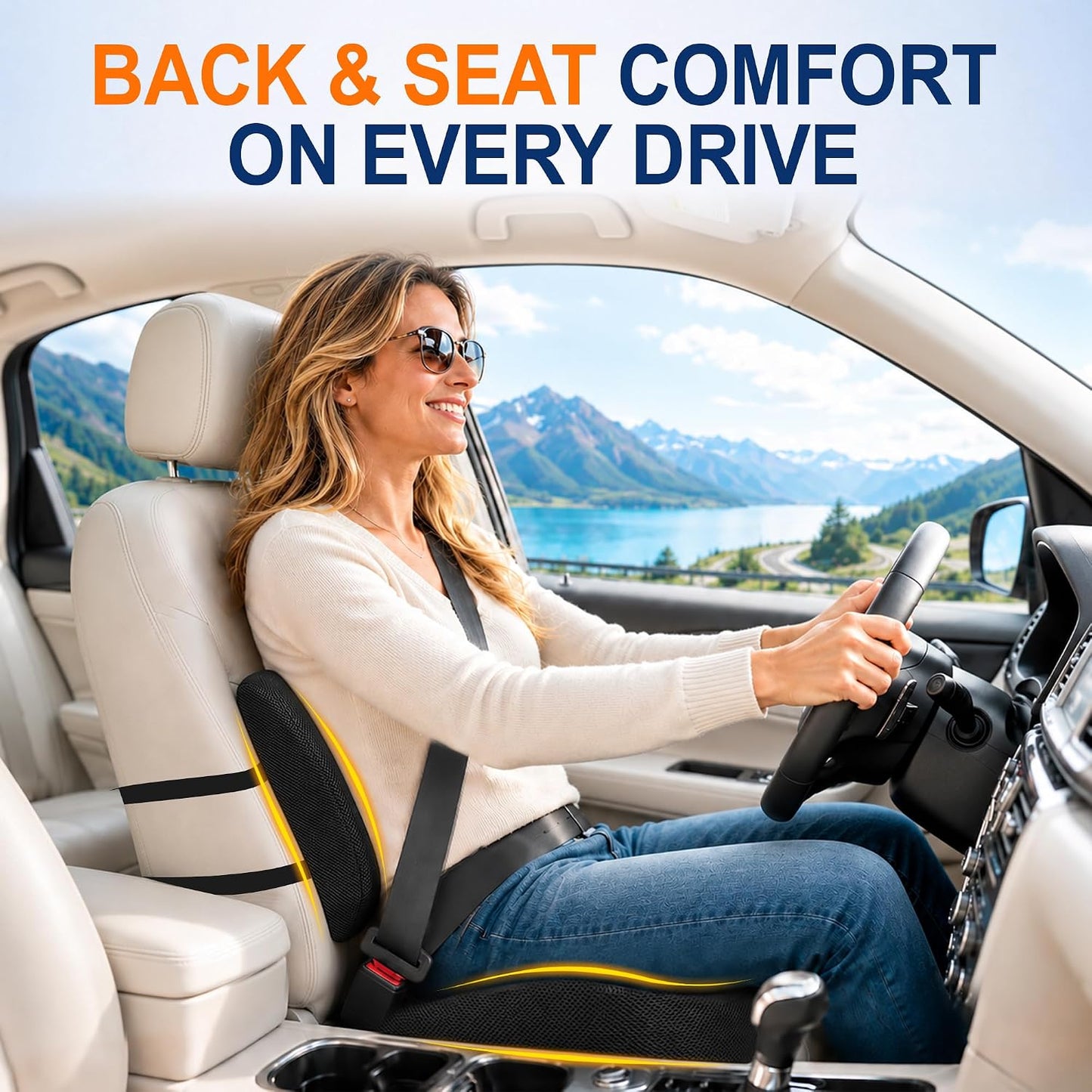 Allaboutsla Car Seat Cushion and Lumbar Back Support Pillow Set for Driving | Memory Foam Car Seat Cushions, Back Support for Car, Car Cushion for Height, Pressure Relief for Trucks, Office Chairs, Black