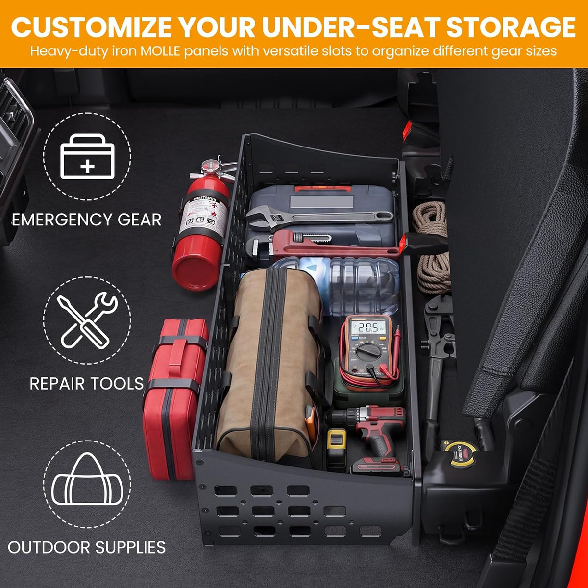 Underseat Storage Molle Panel: Fit for F150 (2015-2026) & F250 F350 SuperDuty (2017-2026) Crew Cab - Heavy Duty Steel Alloy Under Seat Organizer 150 lbs Capacity Fits Seat Mats - No-Drill
