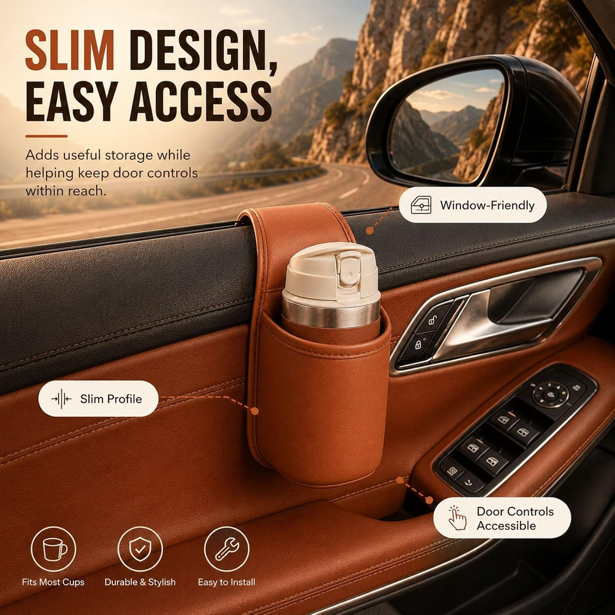 2027 Leather Car Door Cup Holder for Window, Wide-Mouth Organizer for Drinks & Phone (2Orange)