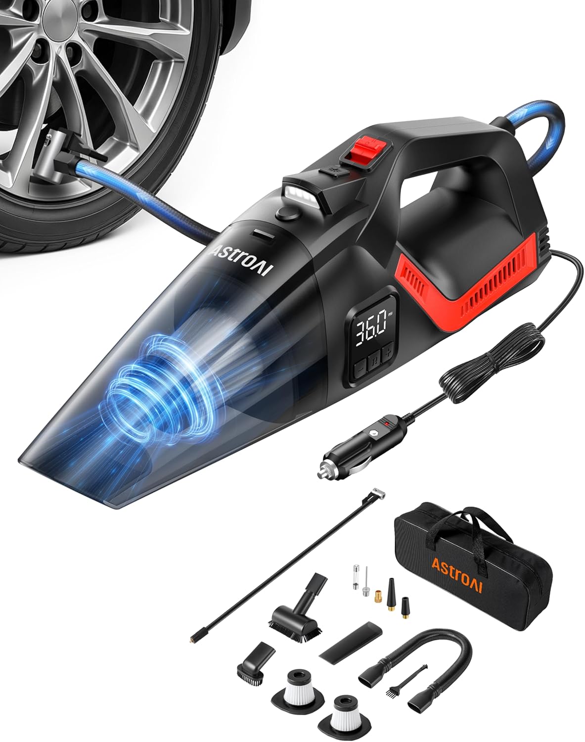 AstroAI 4-in-1 V3 12V DC High Power Handheld Car Vacuum Cleaner for Car,Home,Pet Hair Cleaning, 150 PSI 16.4FT Cord Digital Pressure Gauge & LED Light Portable Tire Inflator for Cars,Bikes,SUVs,Balls