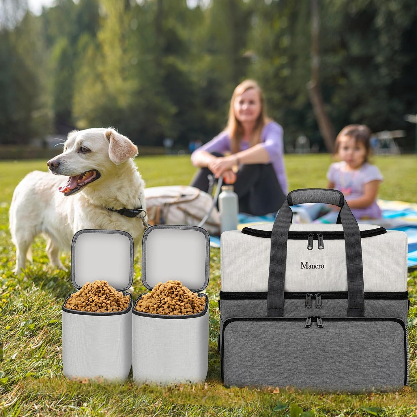 Mancro Dual Layers Dog Travel Bag, Dog Mom Gifts, Road Trip Essentials | Pet Travel Bags with 2 Extra Large Food Containers, 2 Collapsible Dog Bowls, Multi-Pockets Tote Organizer for Pet Supplies