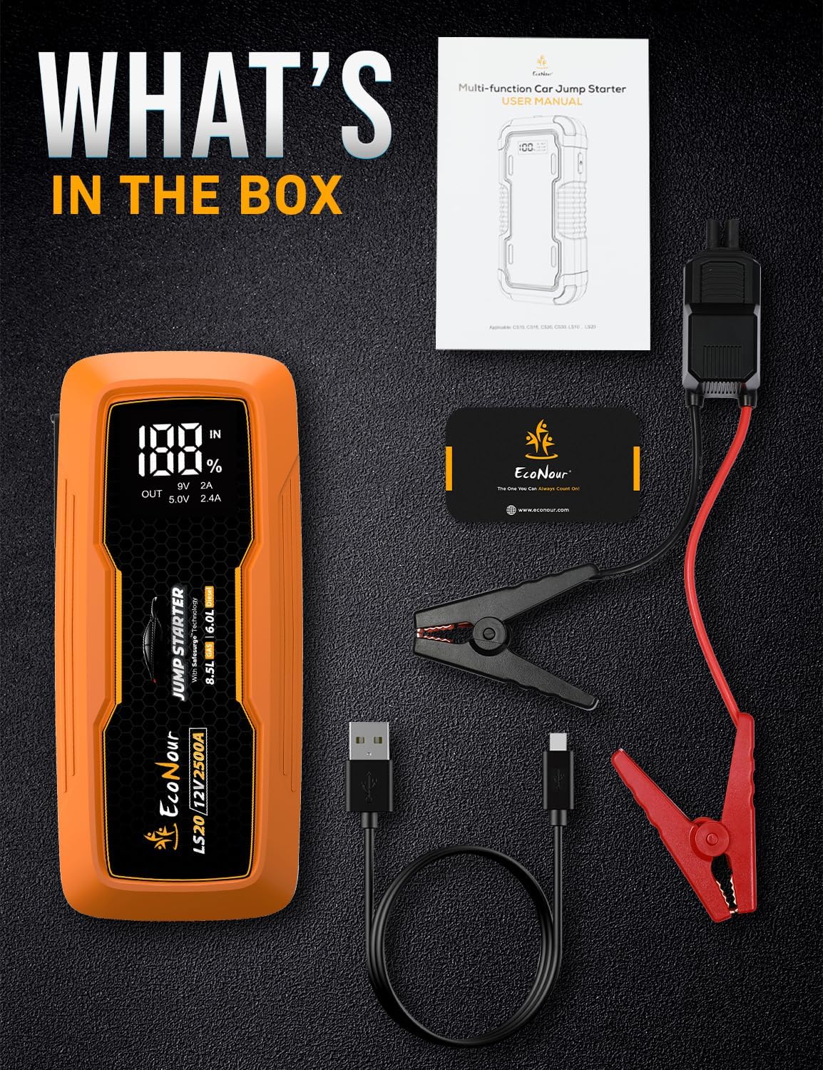 EcoNour 2500A Portable Car Jump Starter 12V Battery Booster Pack Up to 8.5L Gas & 6L Diesel Engines – Jump Box with Jumper Cables, USB Charger, LCD Display, LED Flashlight – for Cars, SUVs, Trucks