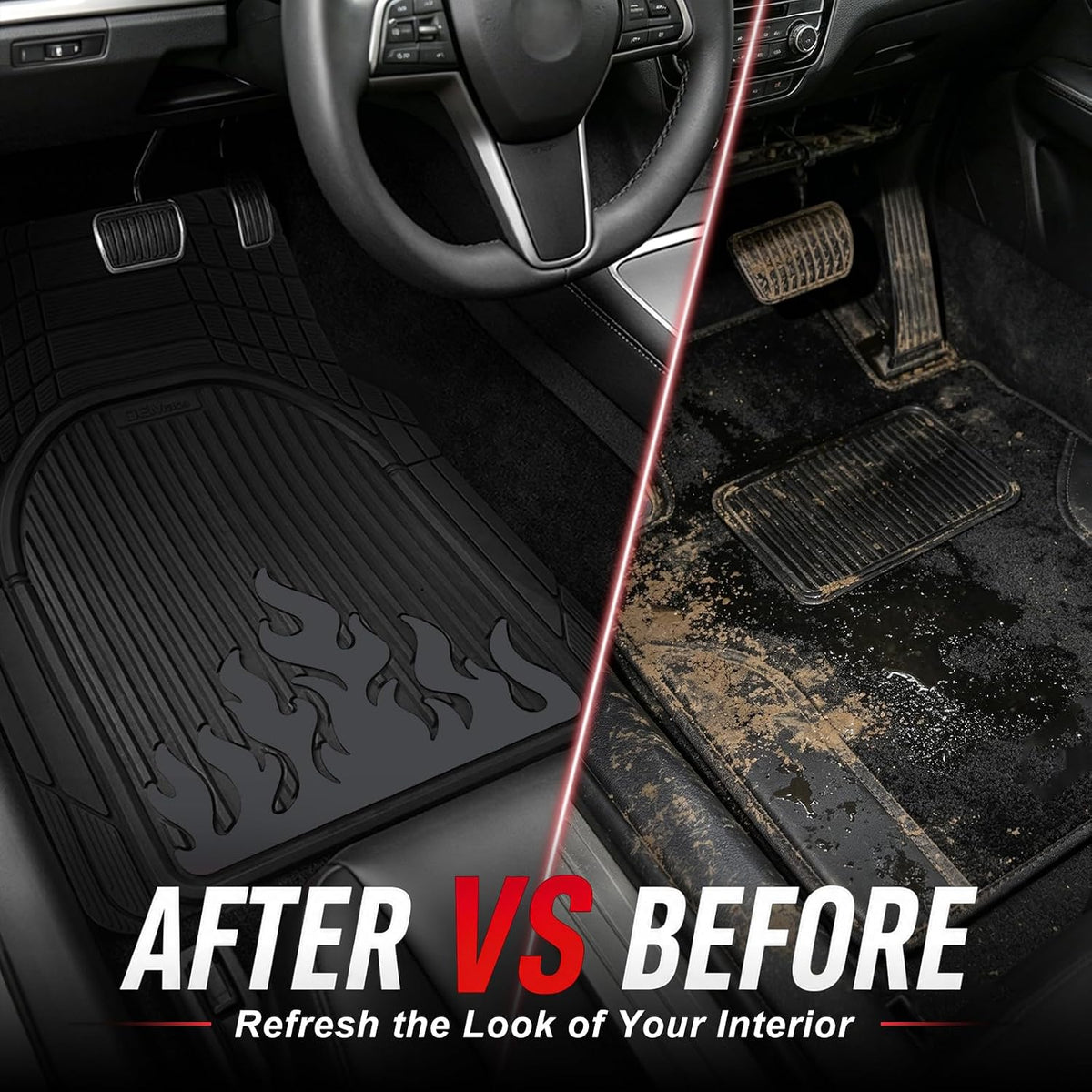 Heavy Duty Rubber Car Mats Flame Design (Graphite Gray), 4-Piece Deep Waterproof Floor Mats Set (Front & Rear Full Set), All Weather Universal Trim to Fit Automotive SUV Sedan Truck