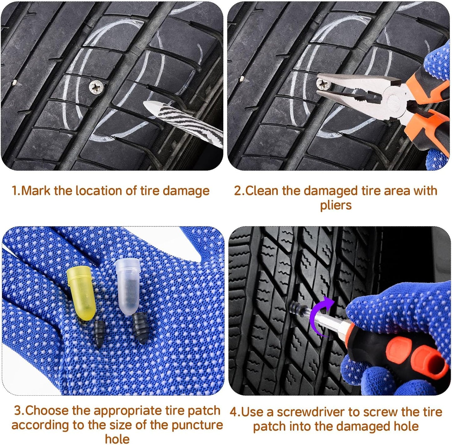 100PCS tire Screw Plug Repair kit – No Tire Removal Needed, tire sidewall Repair kit, Patch Plug Tools & Portable Storage Bag – Quick Flat Tire Fix for Car, Truck, Motorcycle & SUV