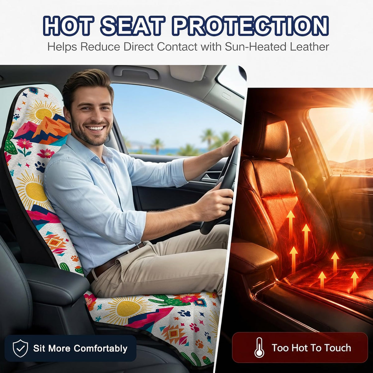 Car Seat Towel Cover 2 Pack for Front Seats, Sweat Absorbent Car Seat Protector with Non-Slip Backing, Waterproof Towel Car Seat Covers for Runners, Gym, Swimming, Beach, Desert Cactus