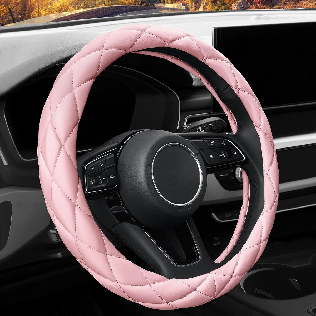 YHONGJT Soft Microfiber Leather Steering Wheel Cover, Universal 15 Inch for Women Girls, Fit Vehicles, Sedans, SUVs, Vans, Trucks - Light Pink
