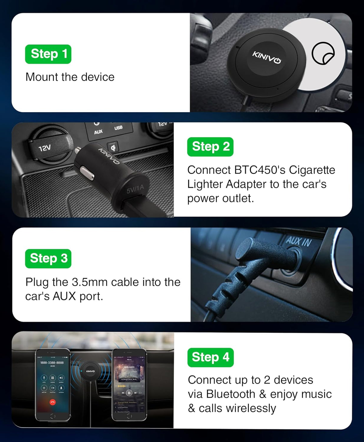 Kinivo BTC450 Bluetooth Car Kit (Hands-Free, AUX Bluetooth Adapter for Cars with Ground Loop Noise Isolator, 3.5mm Aux Input, Apt-X)