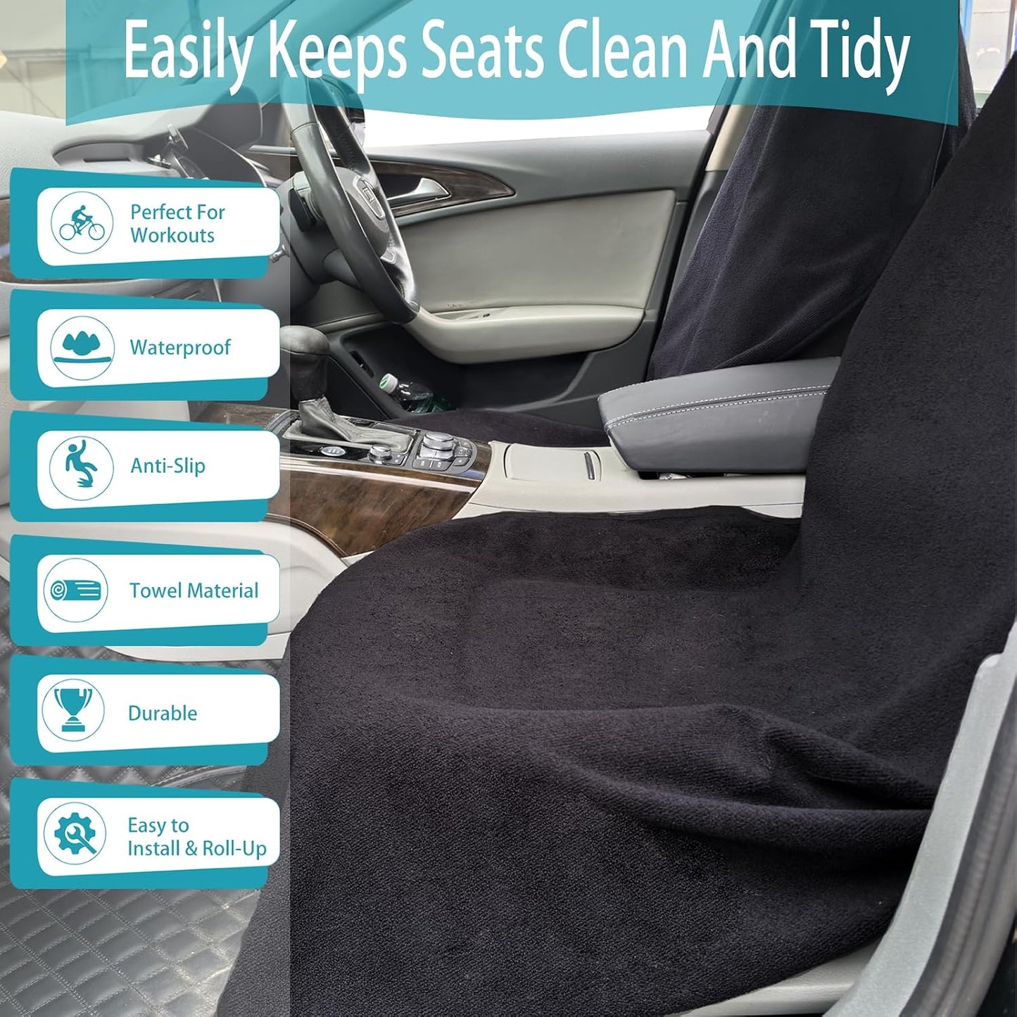 Car Seat Covers Universal Car Protective Front Seat Covers Washable Non-Slip Seat Protectors for Gym Workouts,Waterproof and Sweatproof Towel Seat Covers for Cars,Trucks, Jeeps (2 Pack Black)
