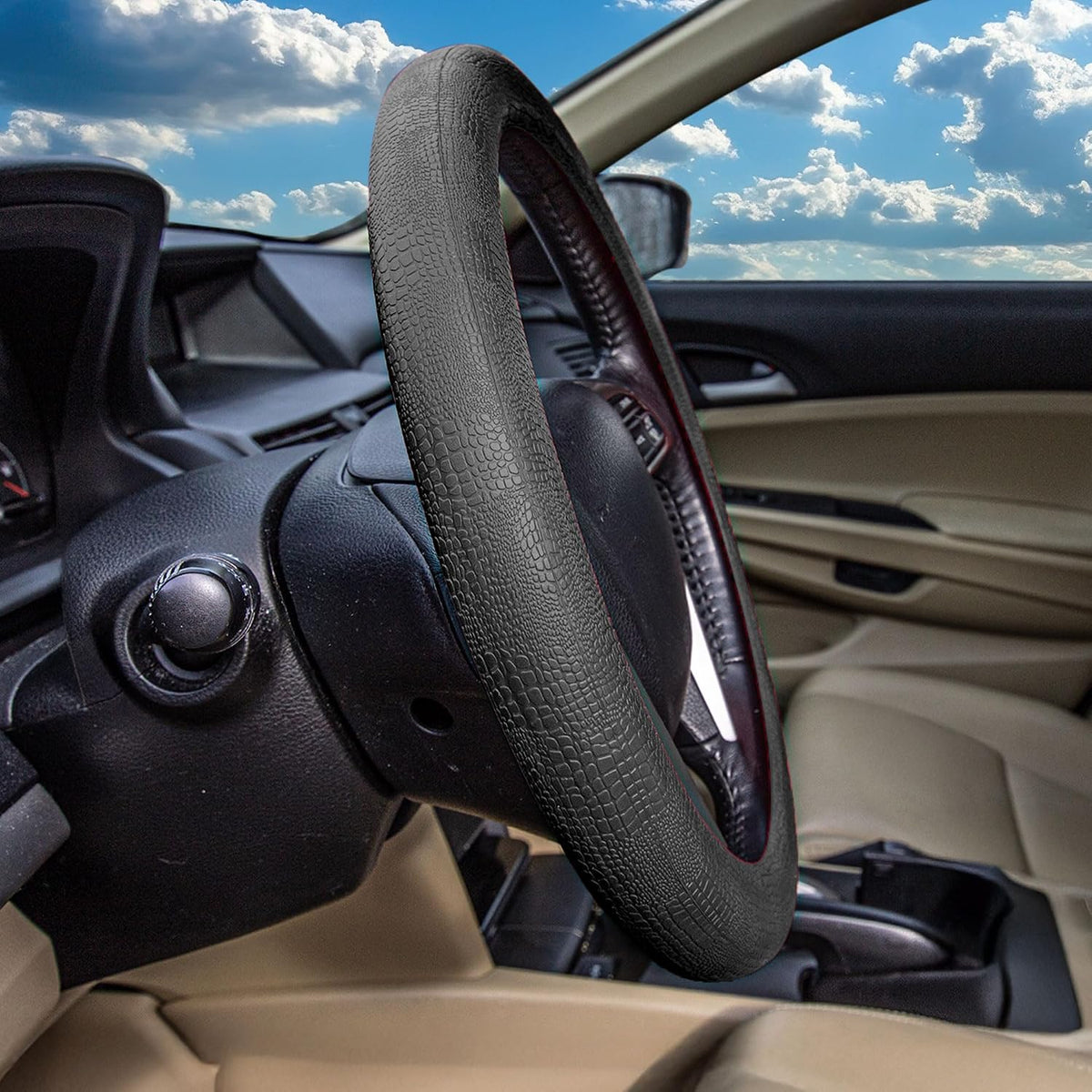 FH Group Universal Fit Silicone Snake Pattern with Massaging Grip Steering Wheel Cover Fits Most Cars, SUVs, Trucks, and Vans Black