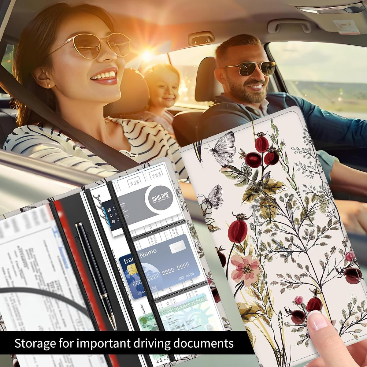 Premium Car Registration and Insurance Card Holder, Cute PU Leather Car Document Holder, Vehicle Glove Box Car Organizer with Magnetic Closure for Driver License, Cards Vintage Red Florals