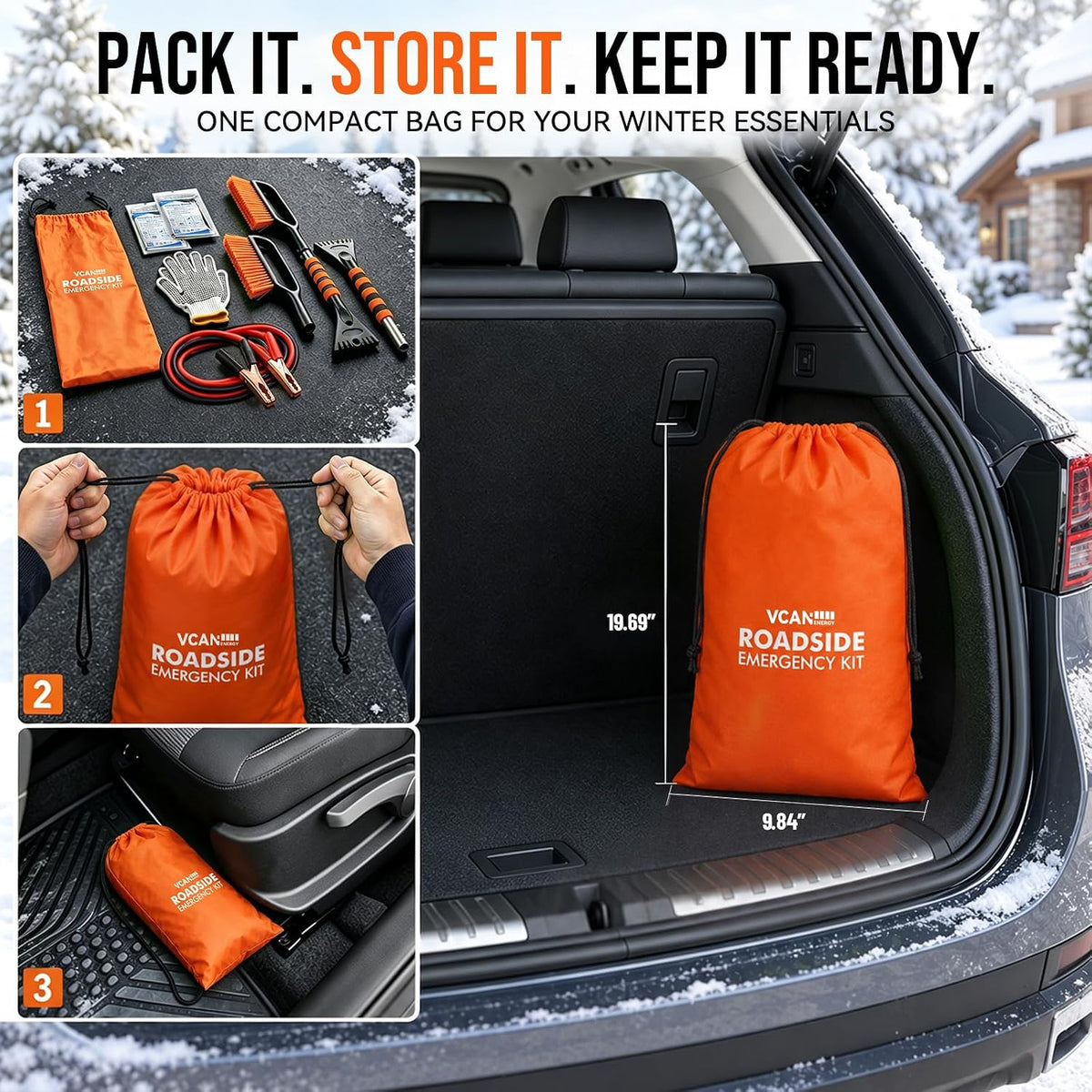 Winter Car Emergency Kit with Jumper Cables, 2-in-1 Detachable Snow Brush