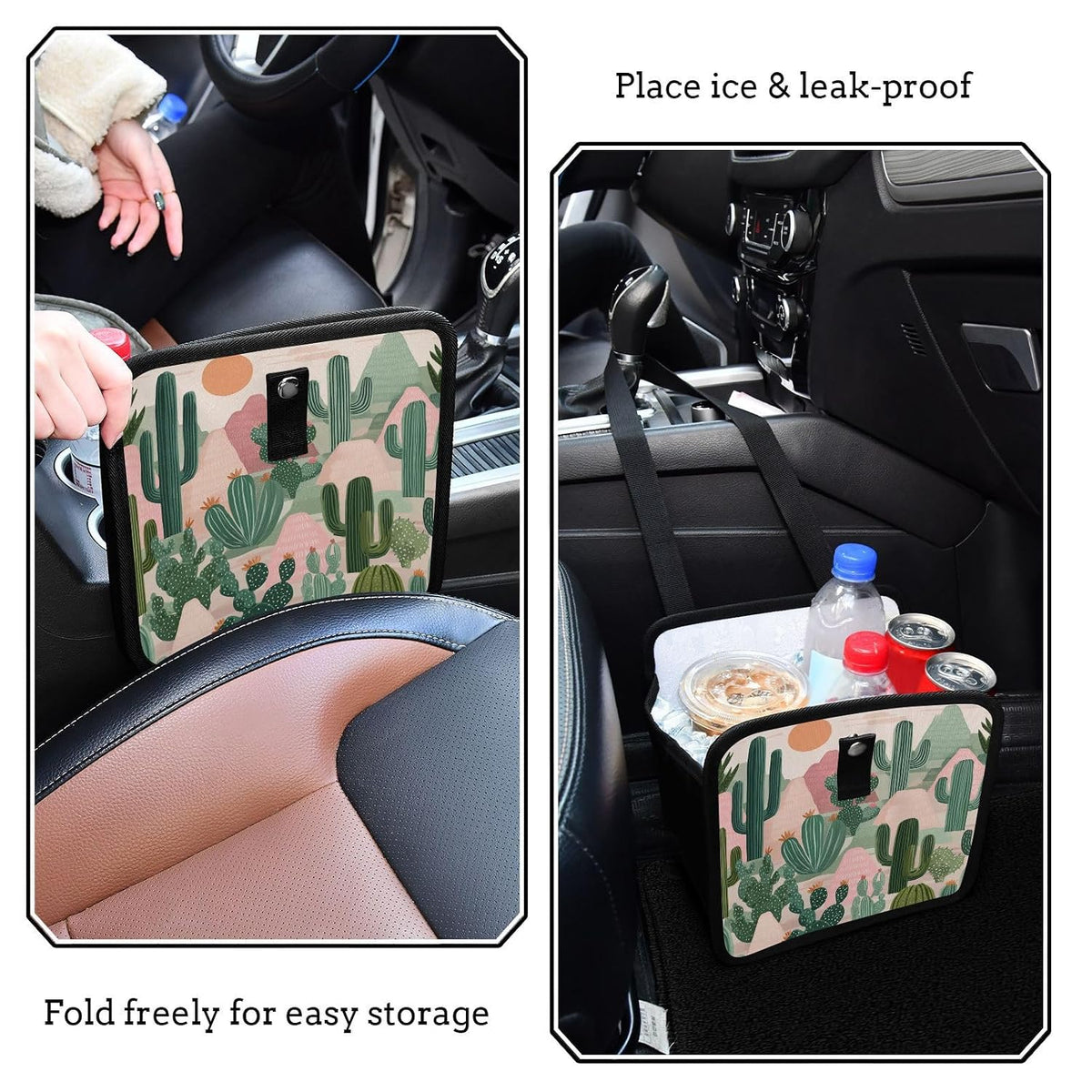 Car Trash Can Organizer Bin with Adjustable Strap for Back Front Seat Console Waterproof Leakproof Collapsible Portable 8.66 Inch Boho Cacti Mountains and Sun