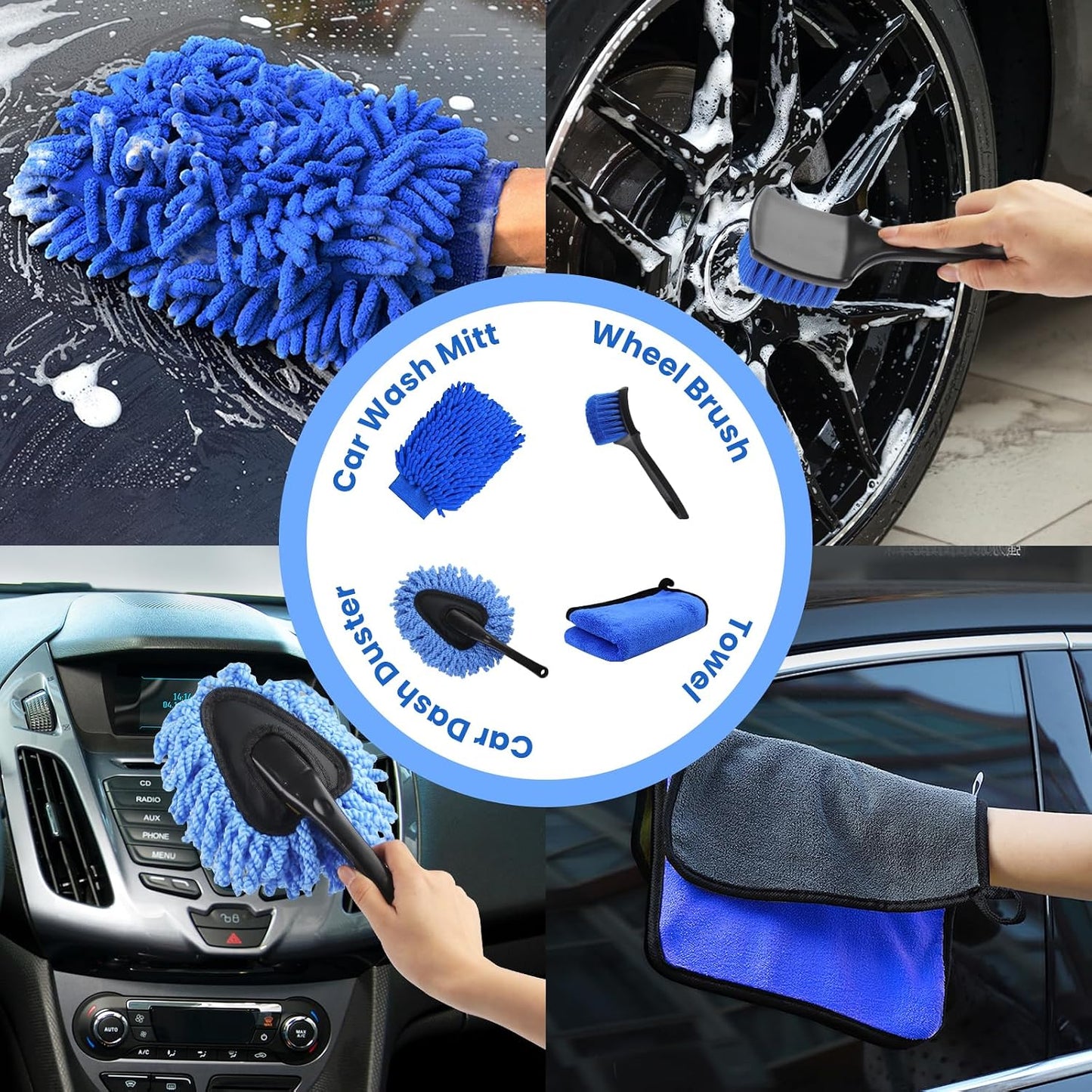 17Pcs Car Wash Kit with Bucket, Car Cleaning Kit with 62" Long Handle Car Wash Brush Mop, Mitt Duster Wheel Brush Detailing Brushes Towel, Car Washing Supplies for Cars RV Truck Exterior and Interior