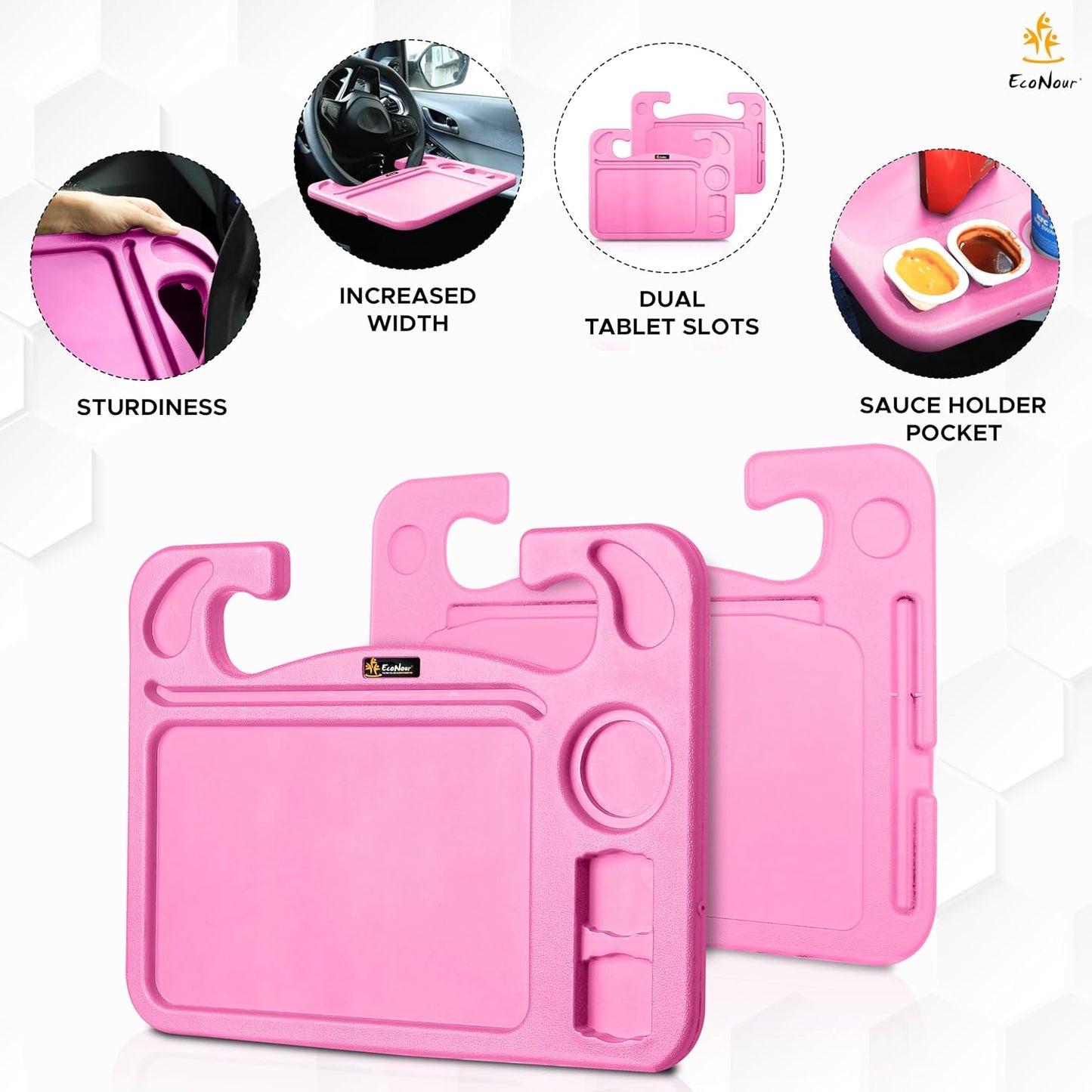 EcoNour 4 in 1 Car Steering Wheel Tray - 2024 Upgraded Pink Tray with Dual Sauce Dip Holder and Tablet Holder | Spacious Steering Wheel Desk for Food and Laptop | Car Accessories (Large)