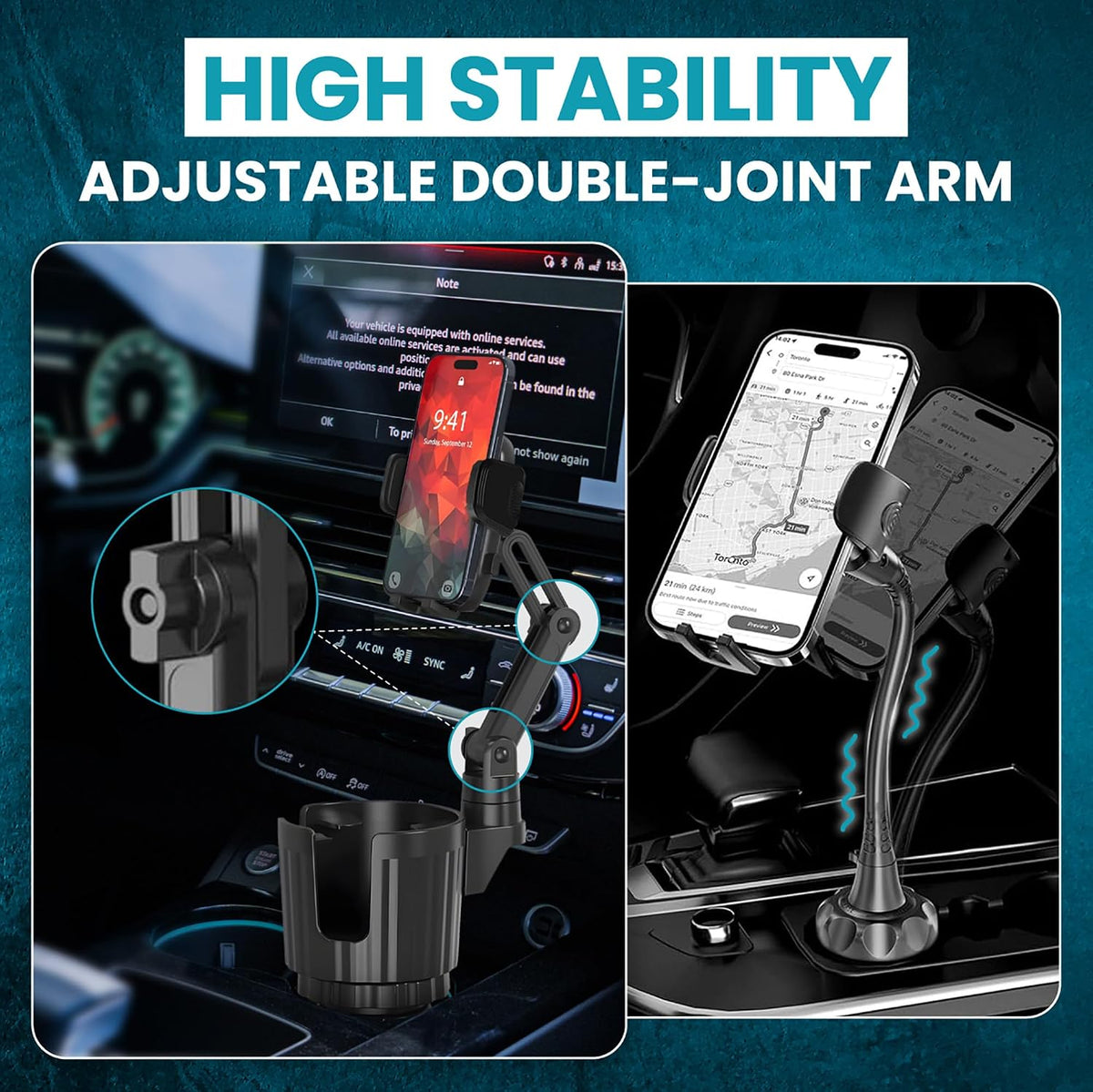 Phone Holder & Phone Mount for Car & Cup Holder Expander – 2-in-1 for Smartphones, Bottles, Tumblers & Coffee Mugs – Strong Clamp, Anti-Shake, 360° Rotation