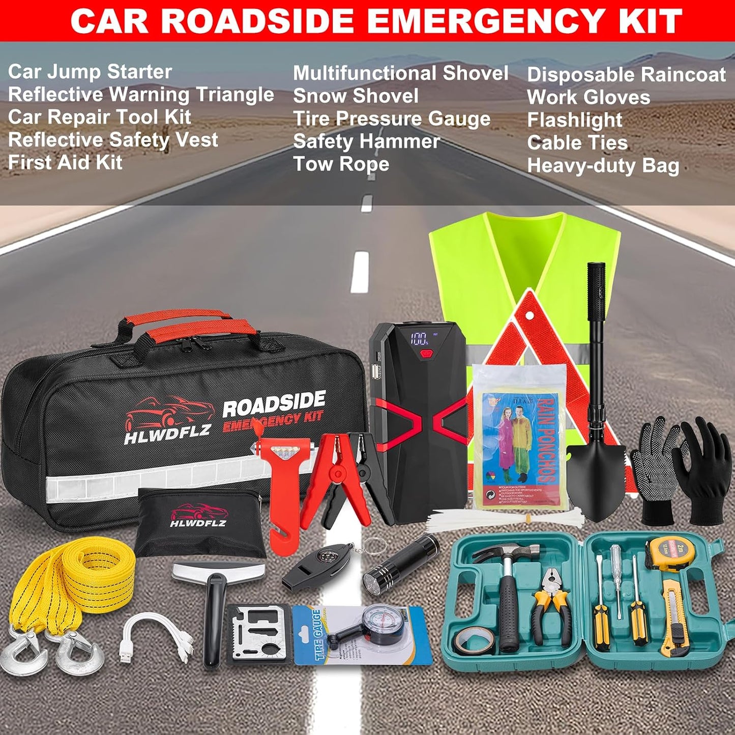 Car Emergency Kit with 2000A Car Battery Jump Starter- Car Roadside Emergency Kit, First Aid Kit, Tow Rope, Emergency Car Kit, Roadside Safety Tool Kit for Women, Men