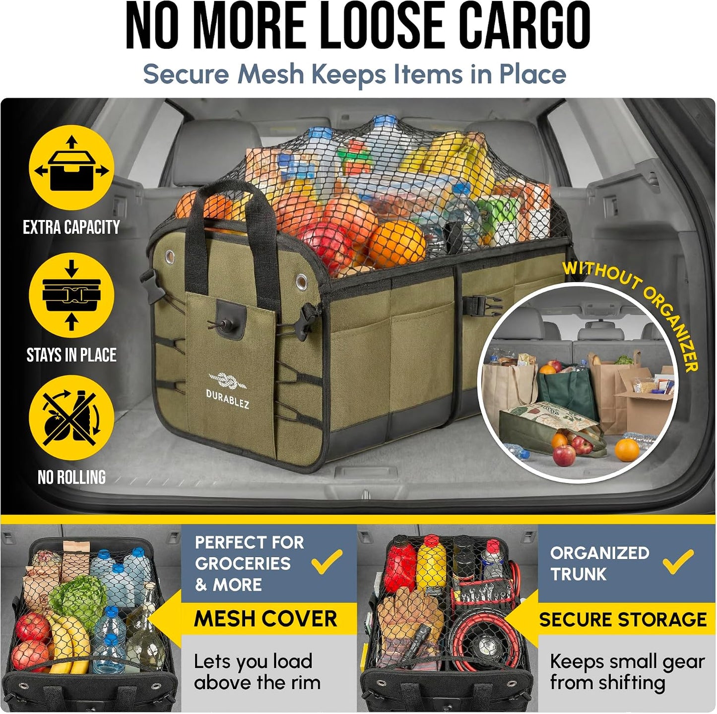 Heavy Duty Foldable Trunk Organizer 2-Section – Dual-Compartment Car Cargo Box with Non-Slip Pads & Removable Dividers – Green