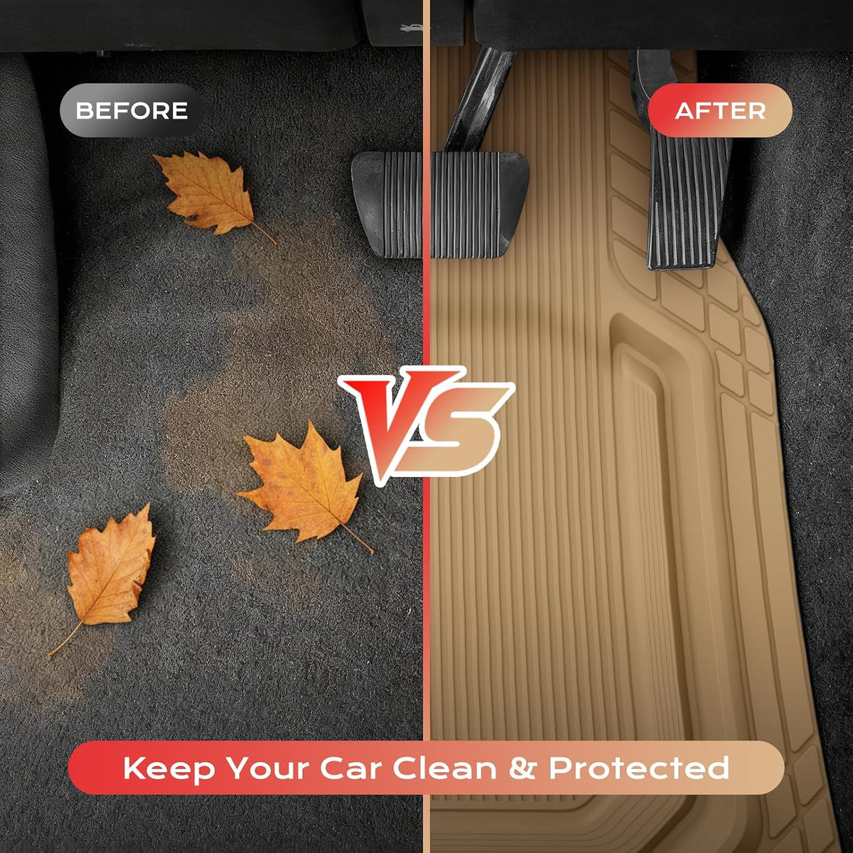 Coverado Heavy Rubber Floor Mats, Waterproof All Weather Auto Mats, Trim to Fit for Cars SUVs Trucks Van, Universal Liner, All Beige