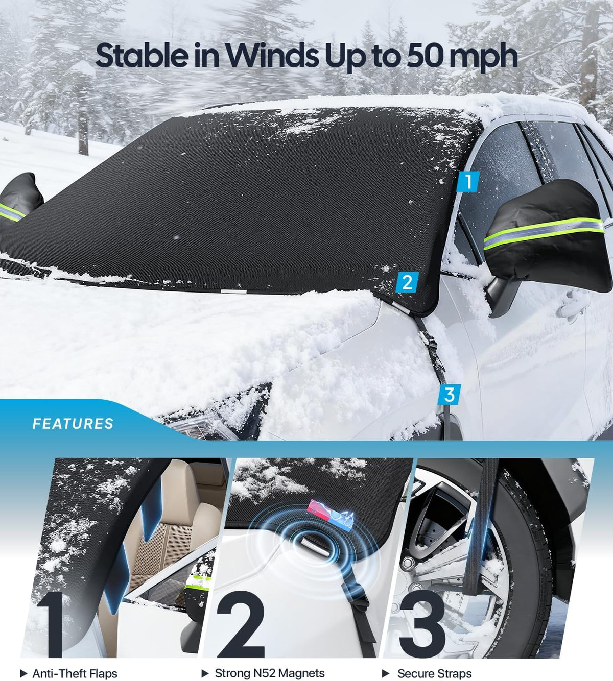 Wigoo 2026 Upgrade Car Windshield Cover for Ice and Snow, Windshield Snow Cover for Winter Snow & Frost – 600D Heavy Magnetic Anti-Hail Protector for Winter Weather, Fits Large SUVs & Trucks, X-Large
