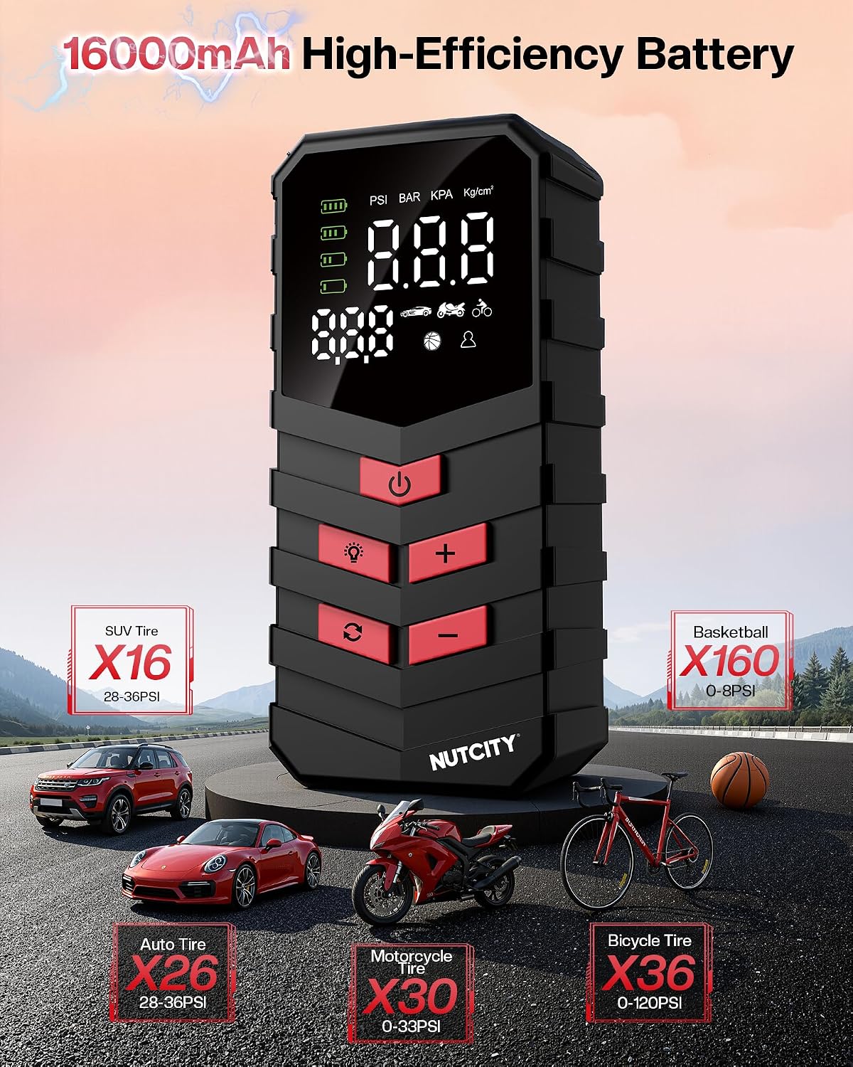 Portable Air Compressor for Car Tires, 16000mAh Wireless, 150PSI Wireless Tire Inflator with Lighting and Mobile Power Function, Suitable for SUVs, Cars, Motorcycles, Bicycles and Balls