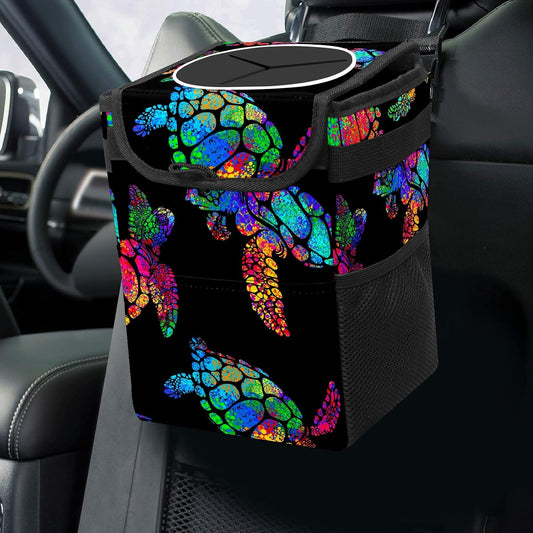 Colorful Sea Turtle Animal Car Trash Can with Lid Collapsible Reusable Waterproof Automotive Garbage Can,Car Organizer