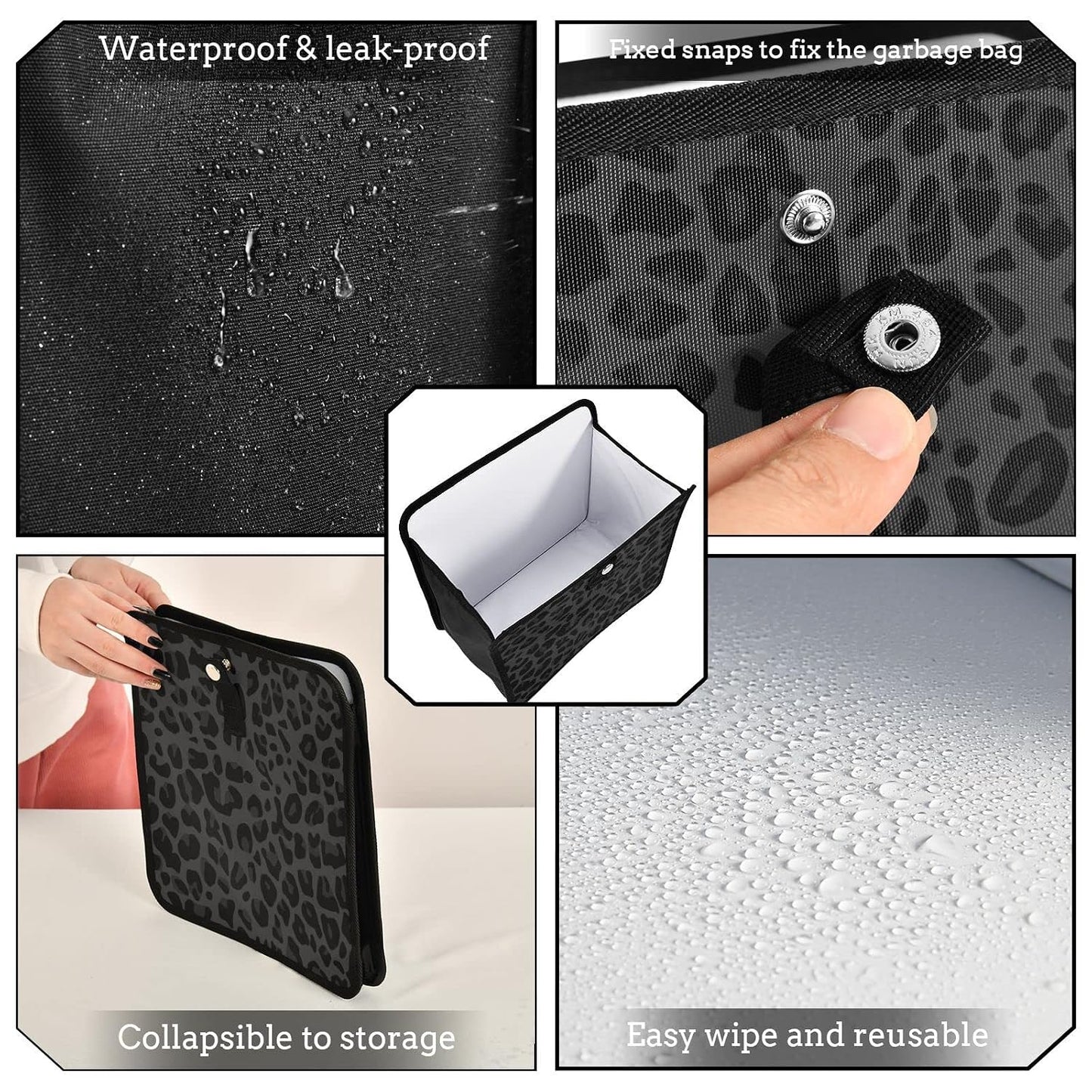 Black Leopard Car Trash Can, Foldable Hanging Car Trash Bag, Small Waterproof Car Accessories Garbage Bin Cheetah Print