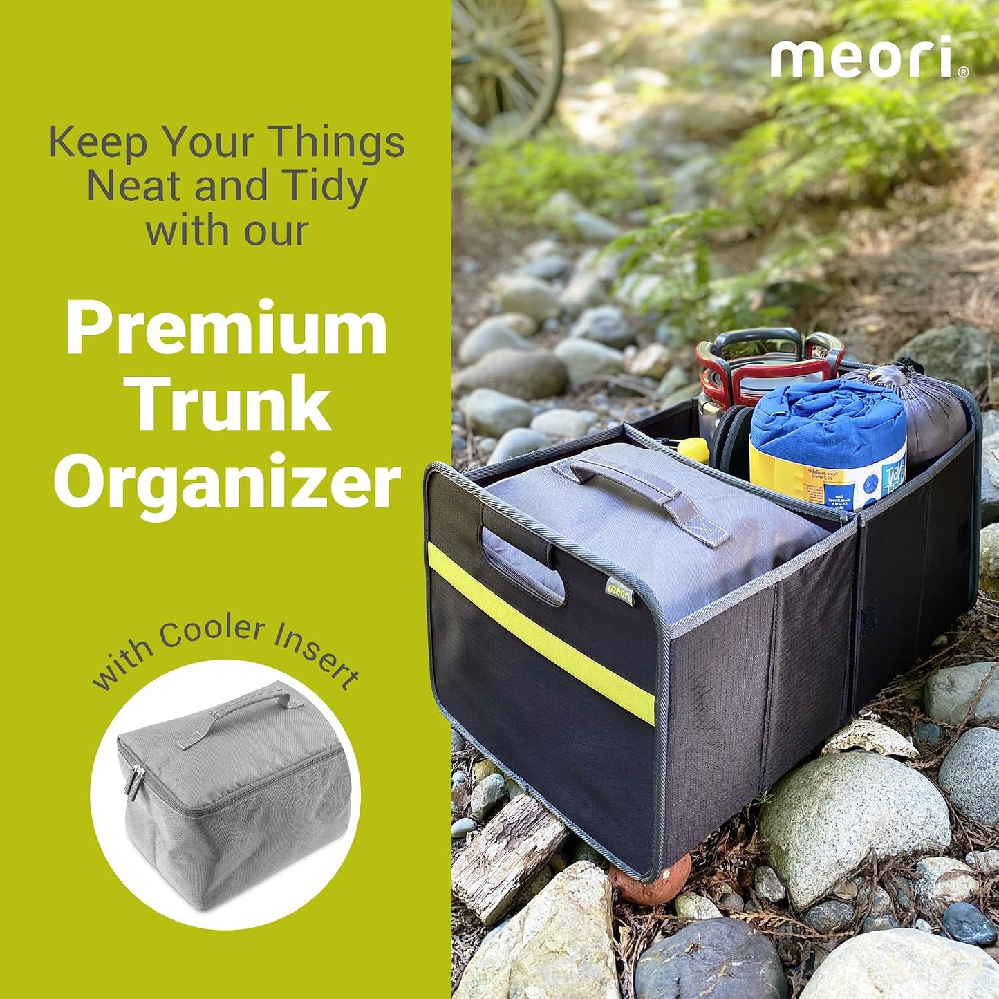 meori Collapsible Trunk Organizer for Car with Cooler for Groceries Road Trips 2 Compartments Heavy Duty Mesh Pocket Ripstop