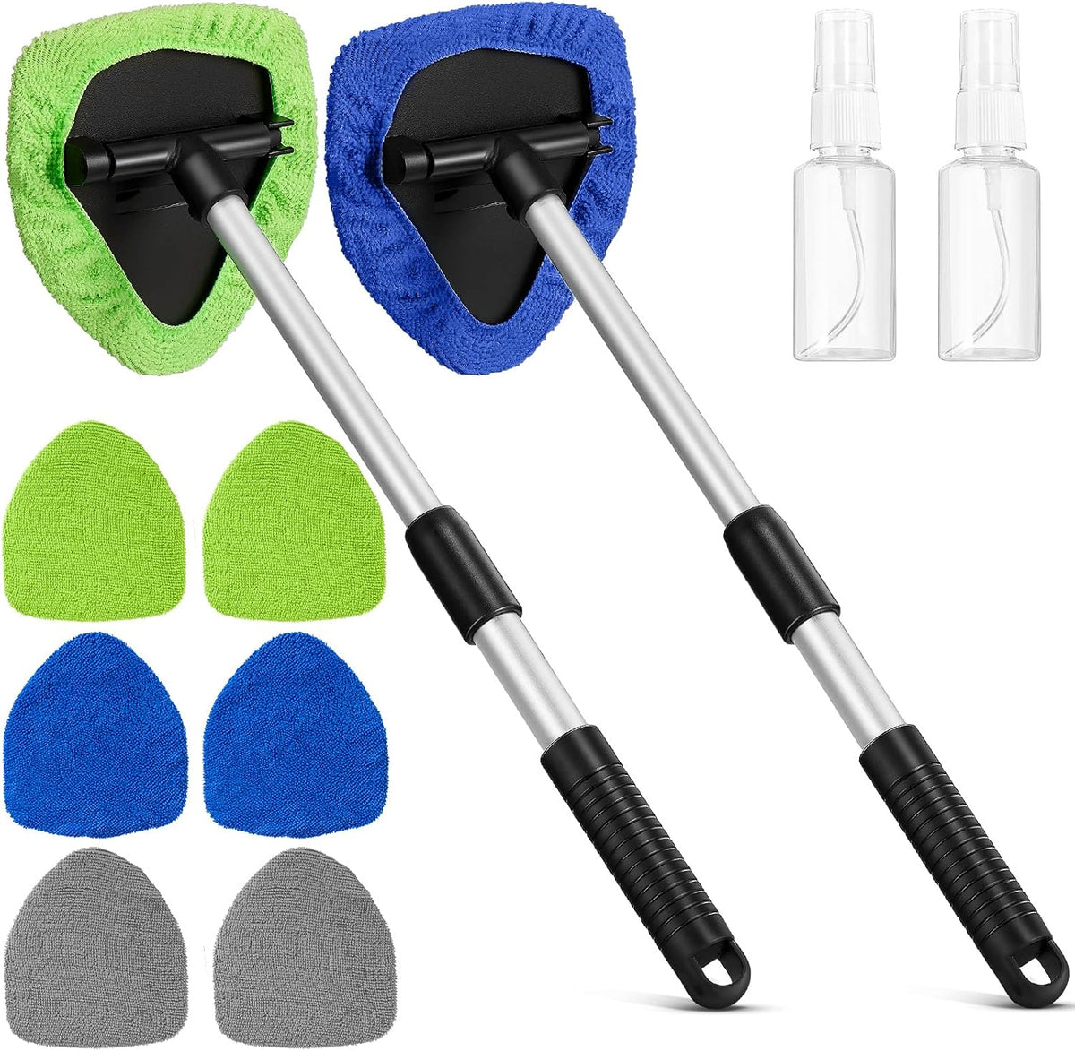 Tallew 2 Packs Windshield Cleaner Tool Microfiber Car Window Cleaner Auto Window Cleaning with Detachable Handle, 6 Reusable Microfiber Pads and 2 Spray Bottles for Car Cleanser Brush Cleaning Kit