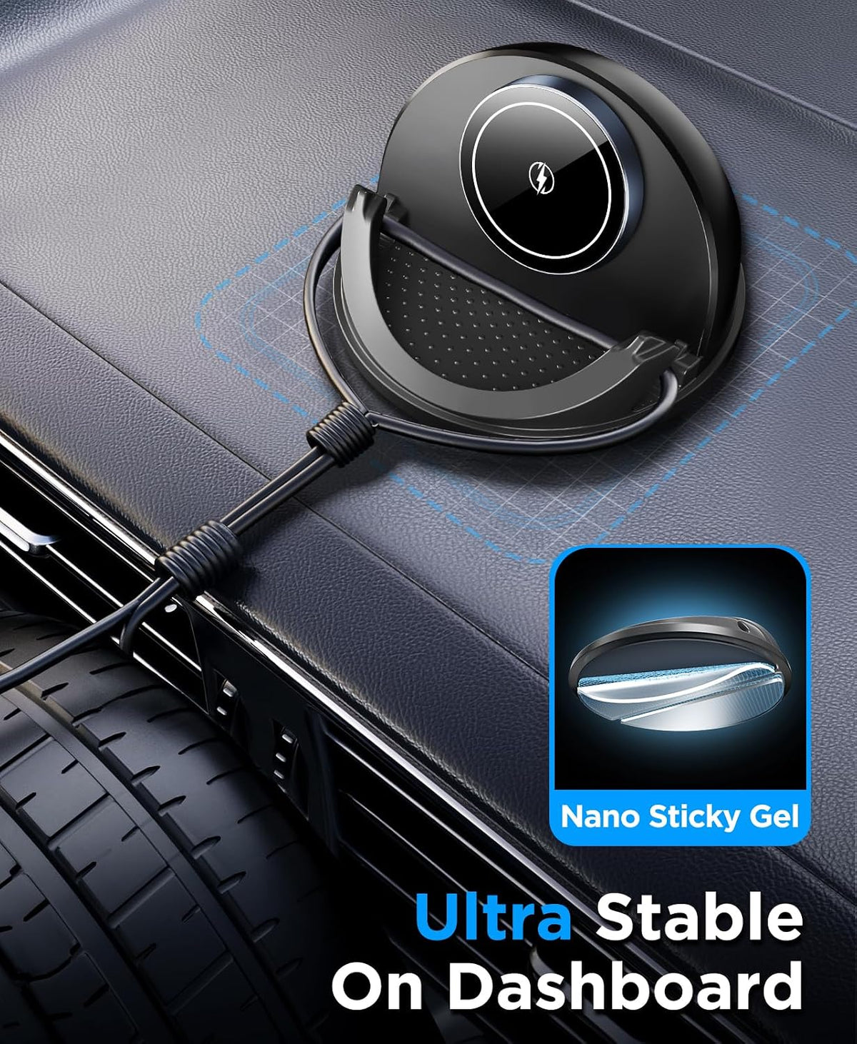 Beeasy 15W Qi Wireless Car Charger for Dashboard, Built‑in Cooling Fan, Nano Sticky Gel Non‑Slip Car Phone Holder, Wireless Car Charger Mount for iPhone Samsung Android Smartphones