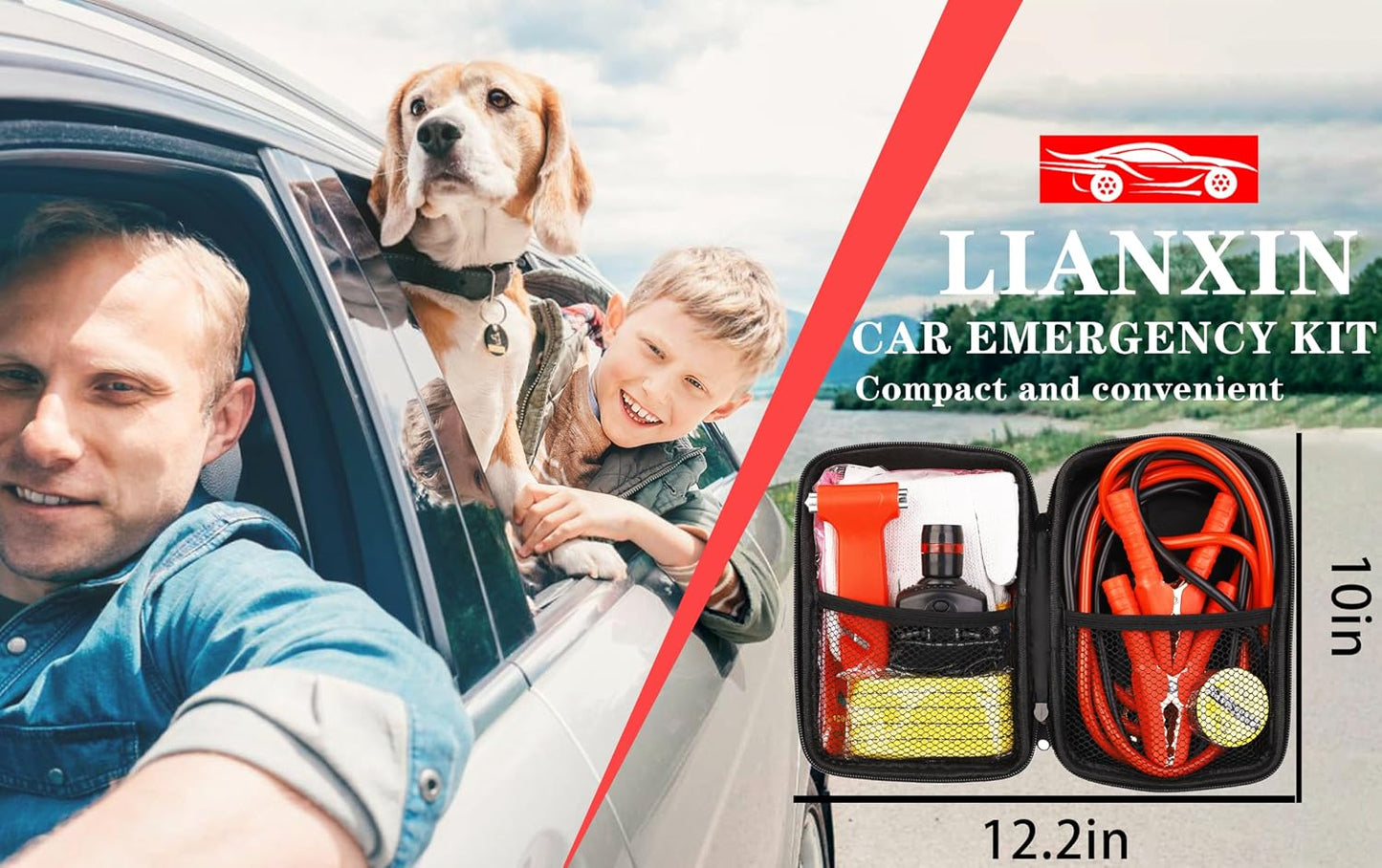 LIANXIN Car Roadside Emergency Kit, with Jumper Cables Automotive Kit,Car Safety Roadside Assistance Kit Headlamp,Tow Straps, Safety Hammers, Rainwear, Gloves.Black