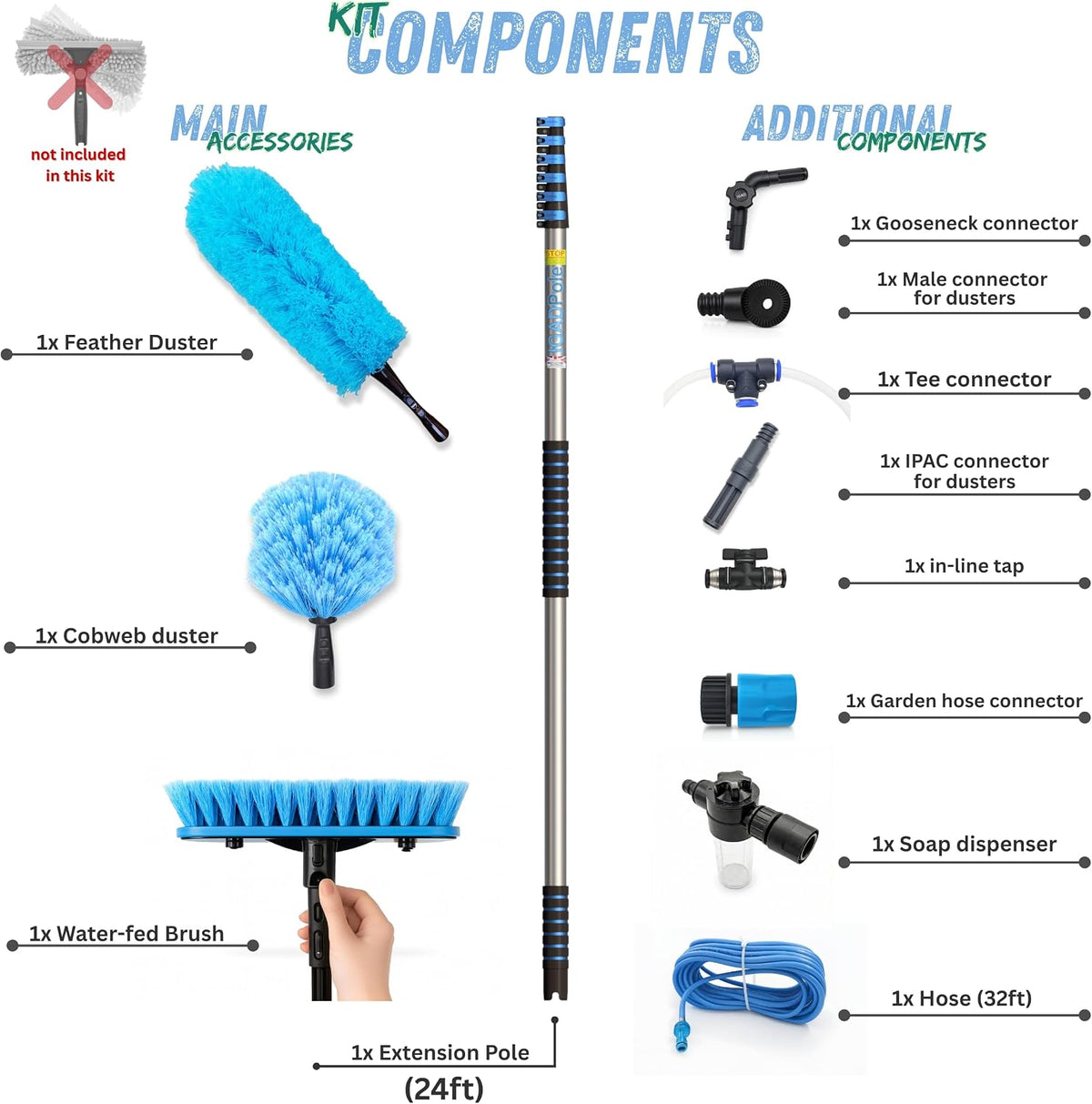 IGADPole 24 FT Washing Kit: Water-fed Brush with Soap Dispenser, Cobweb Dusters, with 6-Stage Telescoping Pole 5-24ft Pole/Window and Dusting Cleaning Kit
