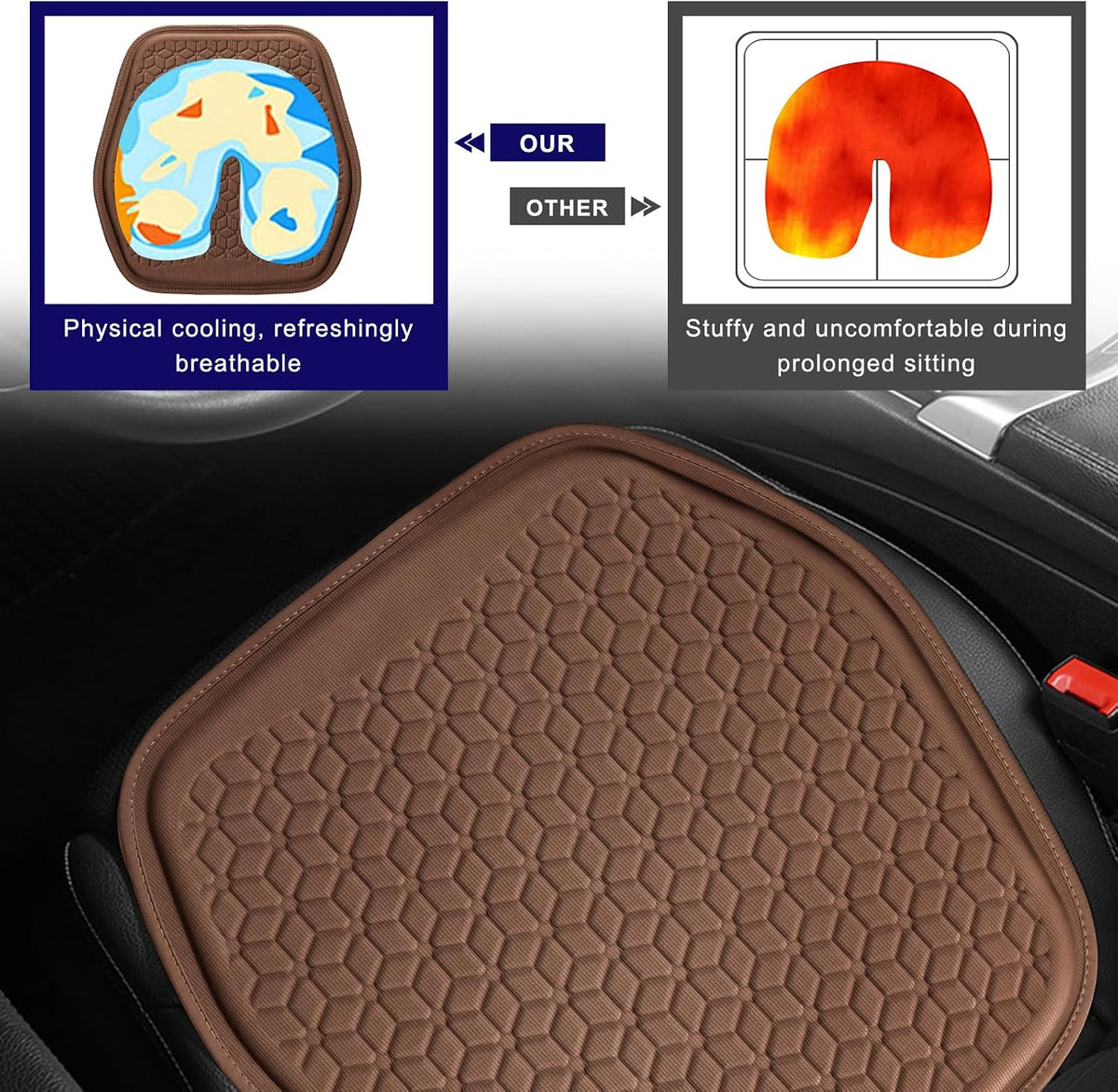 Gel Car Seat Cushion, Non-Slip Front Seat Bottom Cushion Pad, Brown