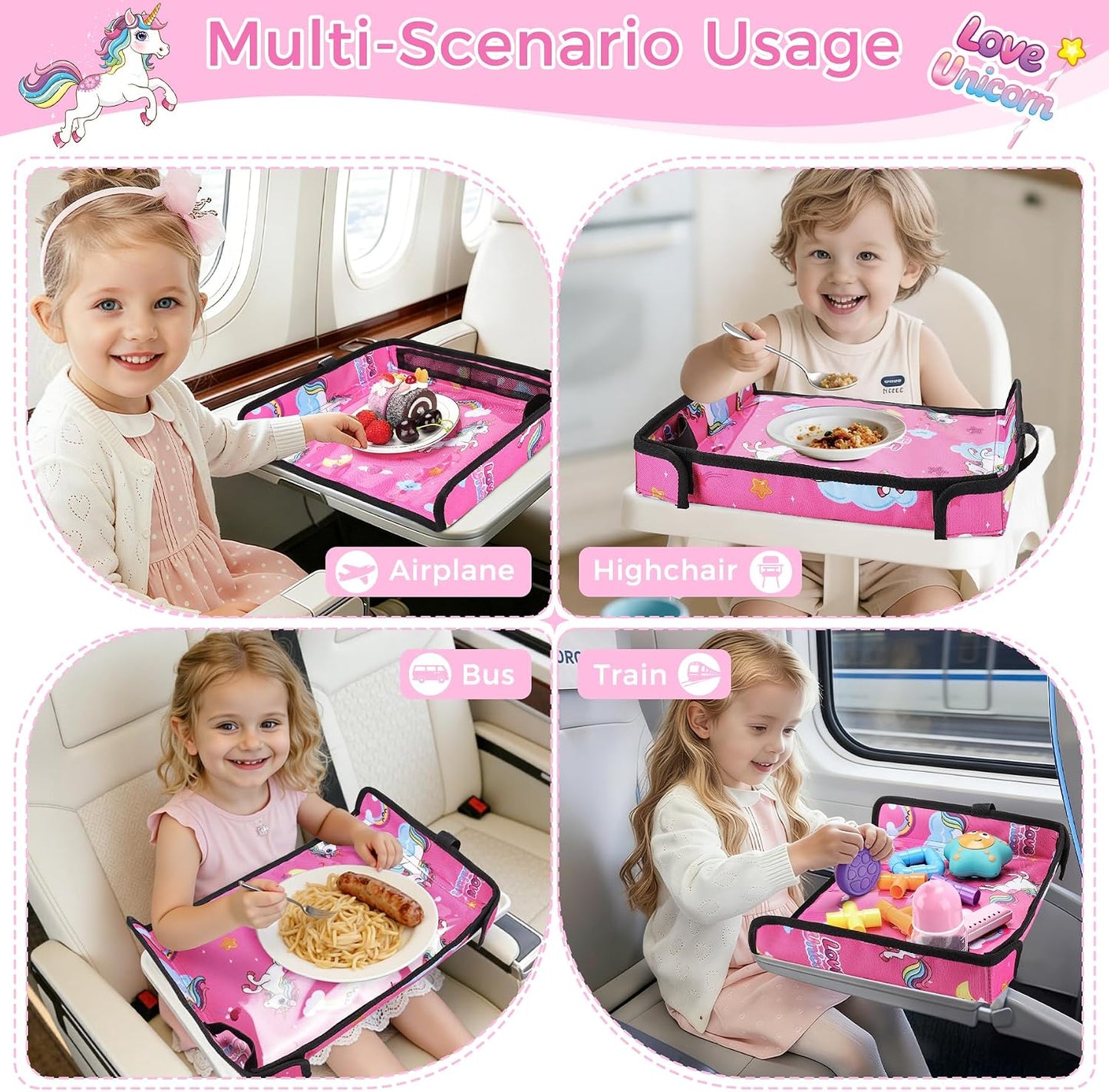 COOLBEBE Airplane Tray Table Cover, Foldable Travel Tray Cover for Toddlers 1-3, Universal Fit for Airplane, Car Seat, High Chair, Machine Washable, Portable, Pink Unicorn