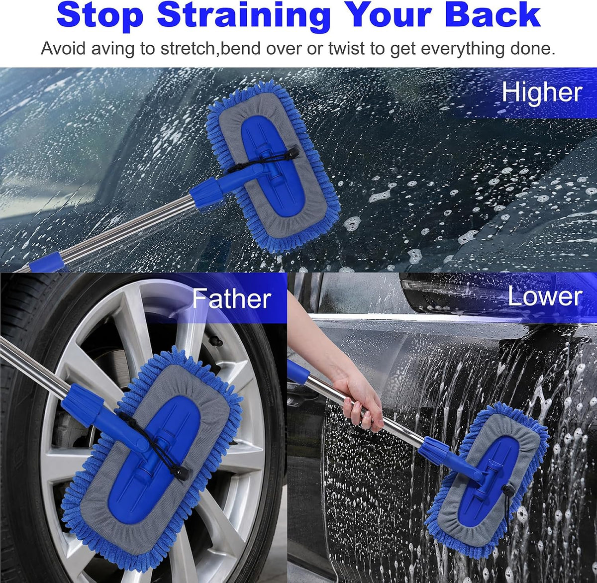 20"-29" Retractable Stainless Steel Handle, Car Wash Brush Mop Cleaning Tool , Wash Mop Car Detailing Cleaning Brush Care Kit for Cars Truck, Sedan, SUV, RV, Trailer