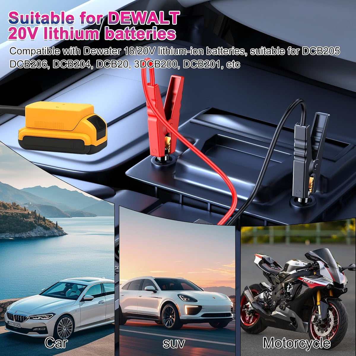 Jumper Cable Clamps Compatible with Dewalt 20V Battery, 2.95FT 8AWG Silicone Wire Jumper Starter, Automotive Booster Cable for Jump Starting Car Using Tool Battery, 200°C Heat Resistant