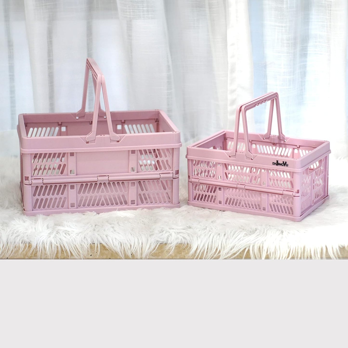 ZHJINGYU crates for storage,plastic baskets for organizing,collapsible shopping basket,foldable crate with Handles,collapsible storage crate,car basket,for Kitchen,Bathroom,Medicine.small,Pink
