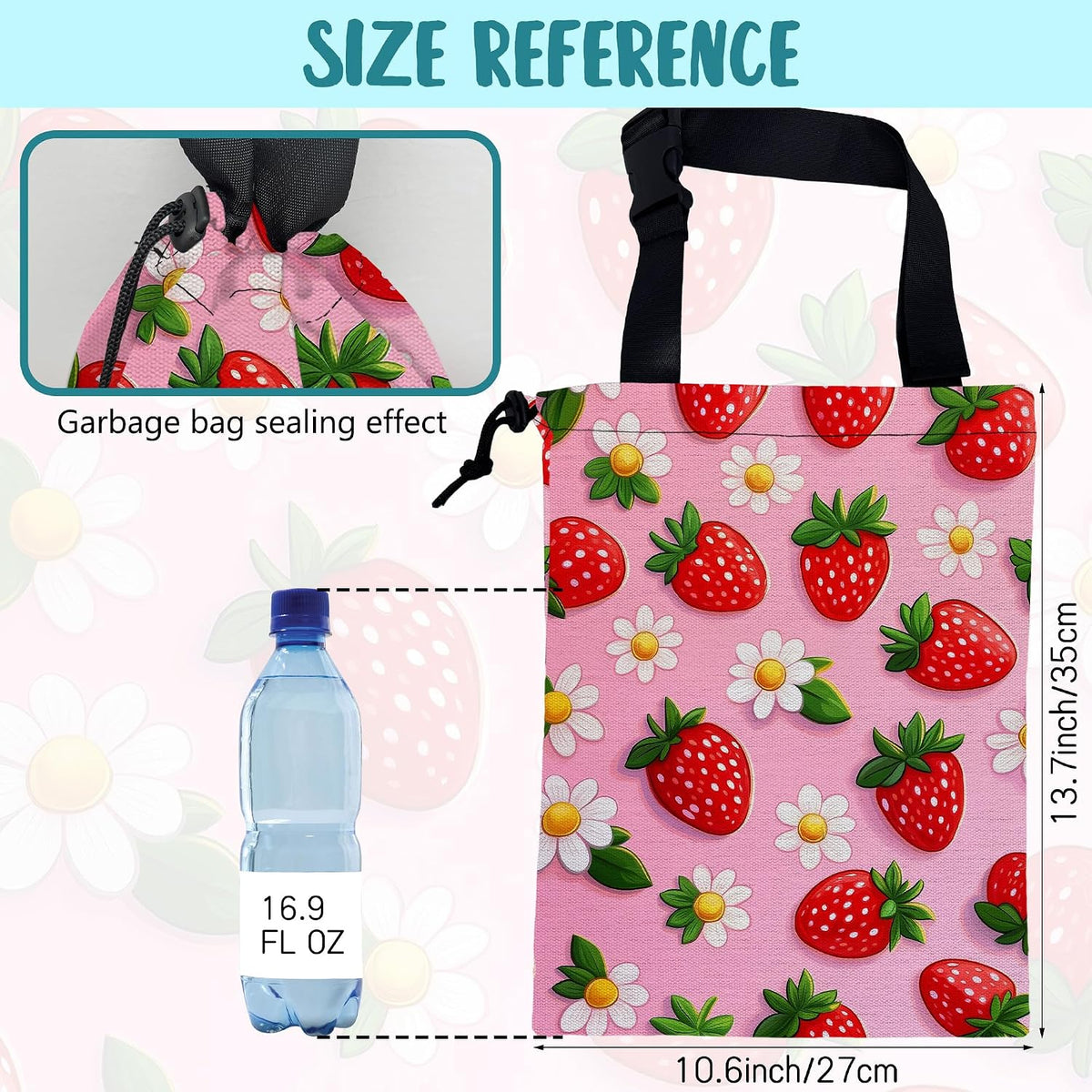 Car Garbage Bag Abstract Strawberry and Floral Hanging Canvas Car Trash Bag Drawstring Car Back Seat Organizer for Car Back Front Seat Console with Adjustable Buckle