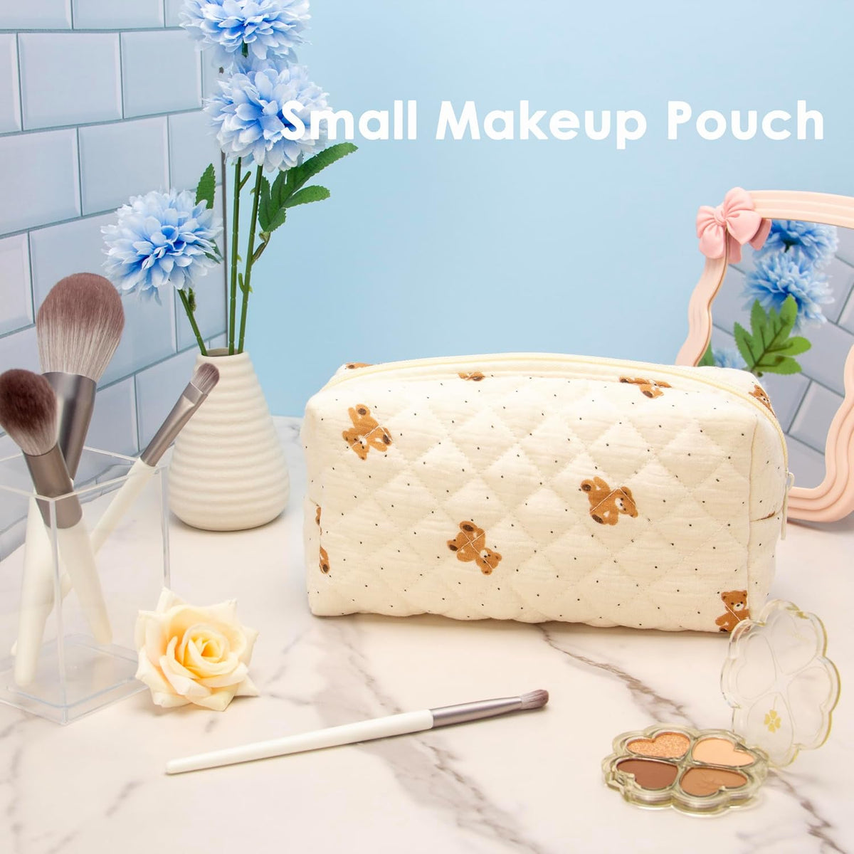 PAZIMIIK Small Quilted Makeup Bag,Zipper Cosmetic Pouch,Gauze Bear,6 Pack