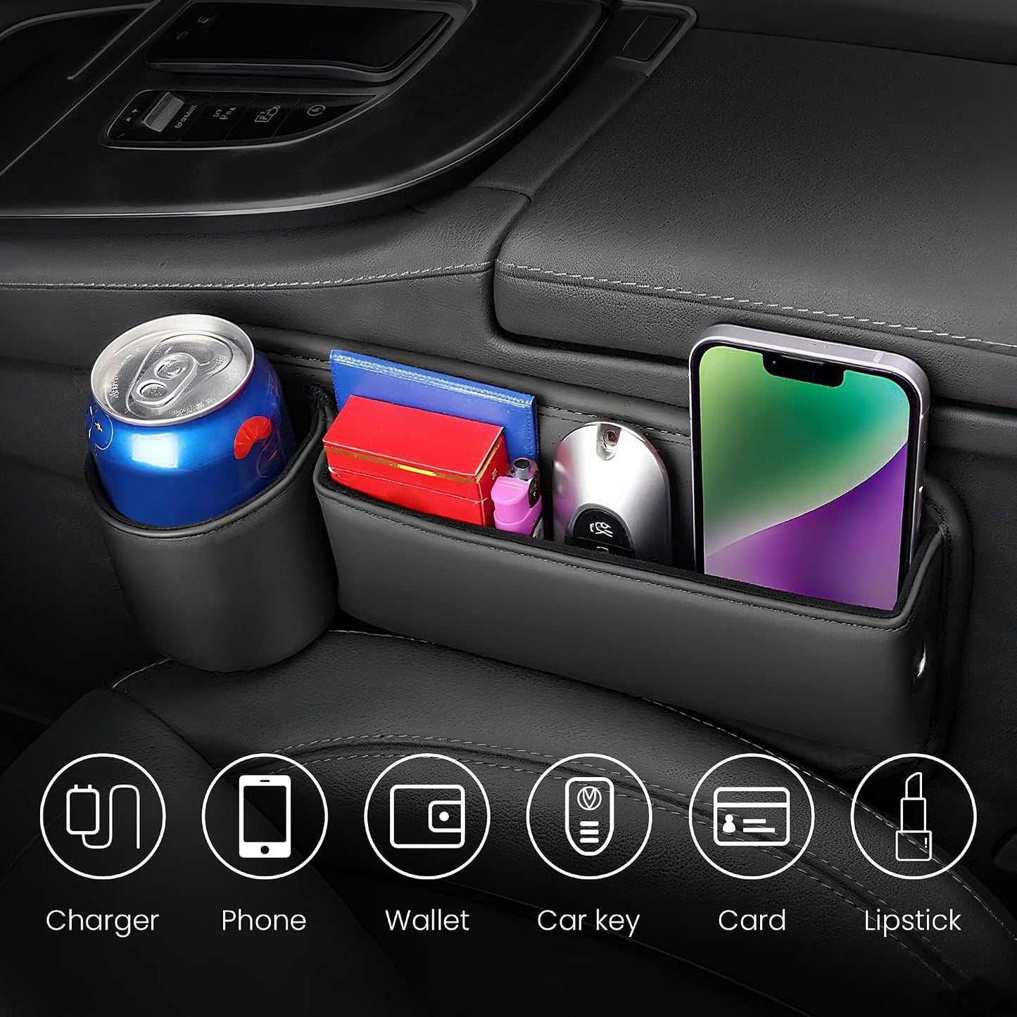2 Packs Universal Fit Car Seat Gap Filler Organizer, Premium Leather Anti-Drop Car Side Gap Storage with Cup Holder for Phone, Keys, Sunglasses & Drinks (Black)