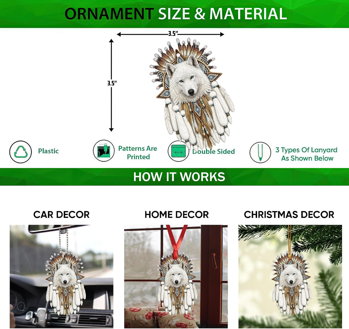 Talataca Native American Indigenous Us Indian Dreamcatcher White Wolf 2D Flat Car Rear View Mirror Accessories Christmas Tree Ornament Decoration Hanging Charm Interior Rearview Pendant Decor Gift