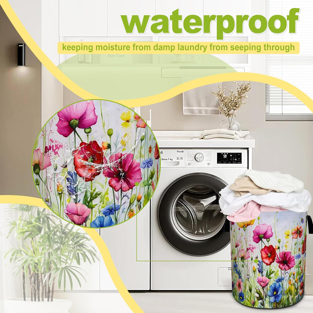 Colorful Flowers Print Laundry Basket Foldable Waterproof 18.9 x 16.5 Inch